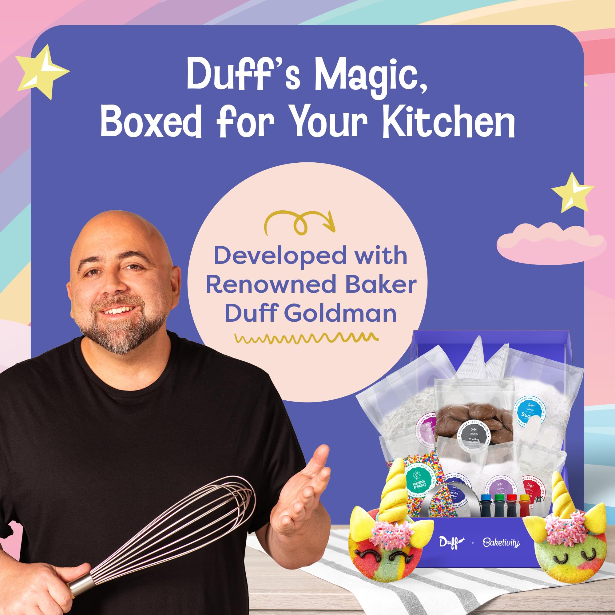 Baketivity x Duff Goldman Unicorn Cookies Baking Kit for Kids - Pre-Measured Ingredients, Decorating Supplies & STEM Activities - Fun Baking Set for Girls & Boys Ages 6-12 - Perfect for Birthday Parties, Family Bonding & Creative Play