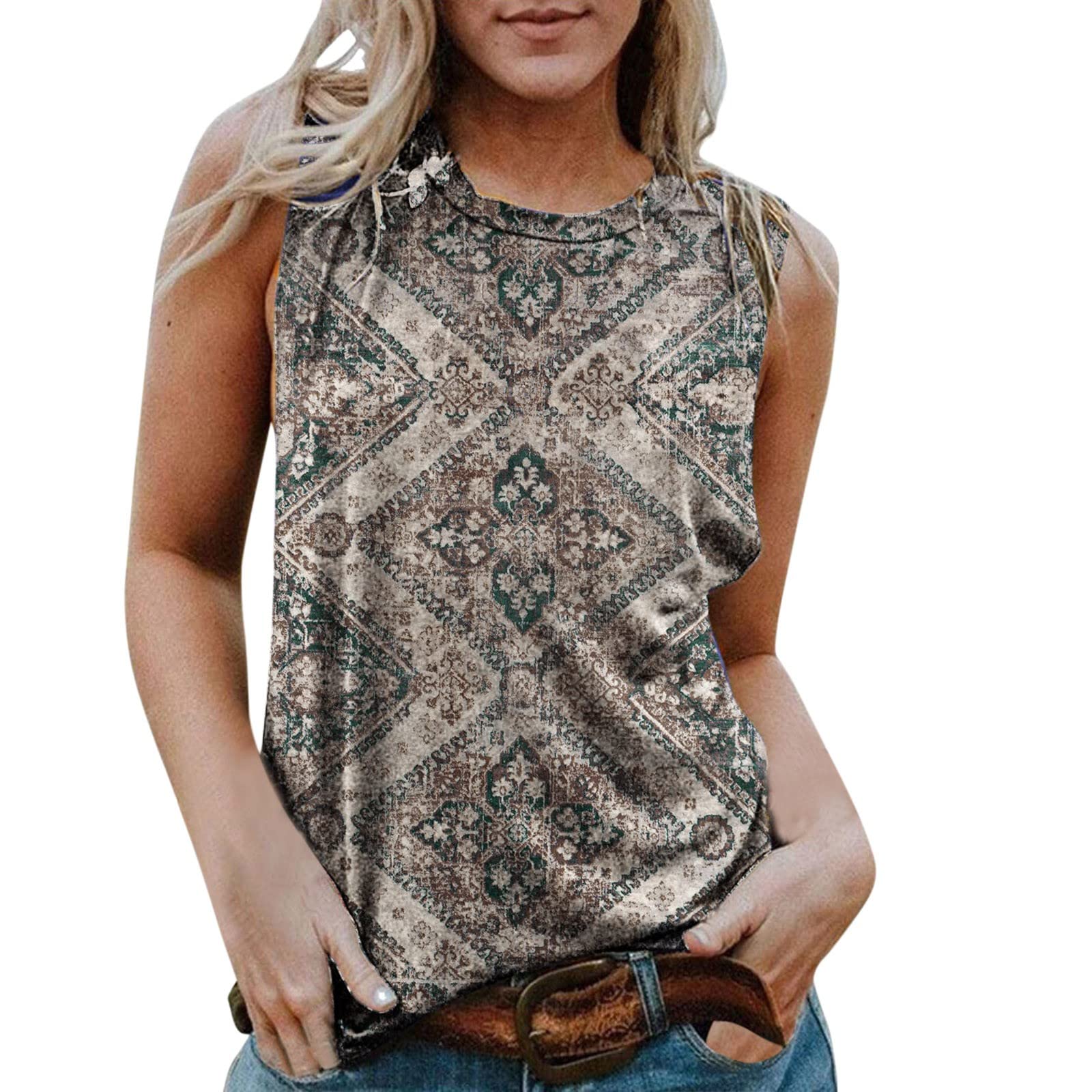 2022 Women's Summer Casual Aztec Print Sleeveless Vest Tops - Loose Fit Round Neck Splice Shirts for Beach, Vacation & Outdoor Activities
