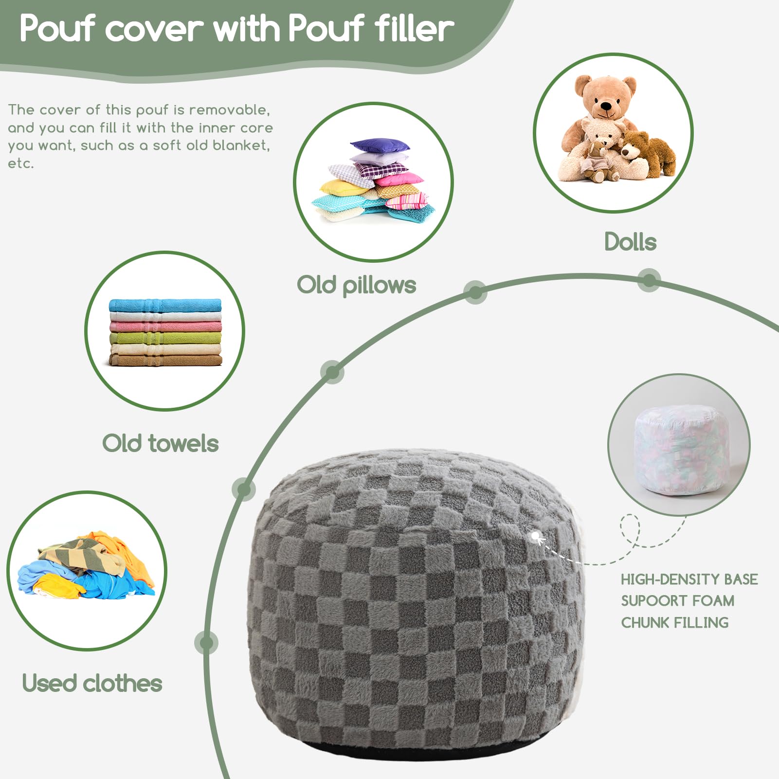 MAXYOYO Round Stuffed Pouf Ottoman with Foam Chunk Filling - 20 x 15 Inch Grey Plaid Footrest for Living Room, Bedroom & Nursery - Versatile Seating and Decor Accent