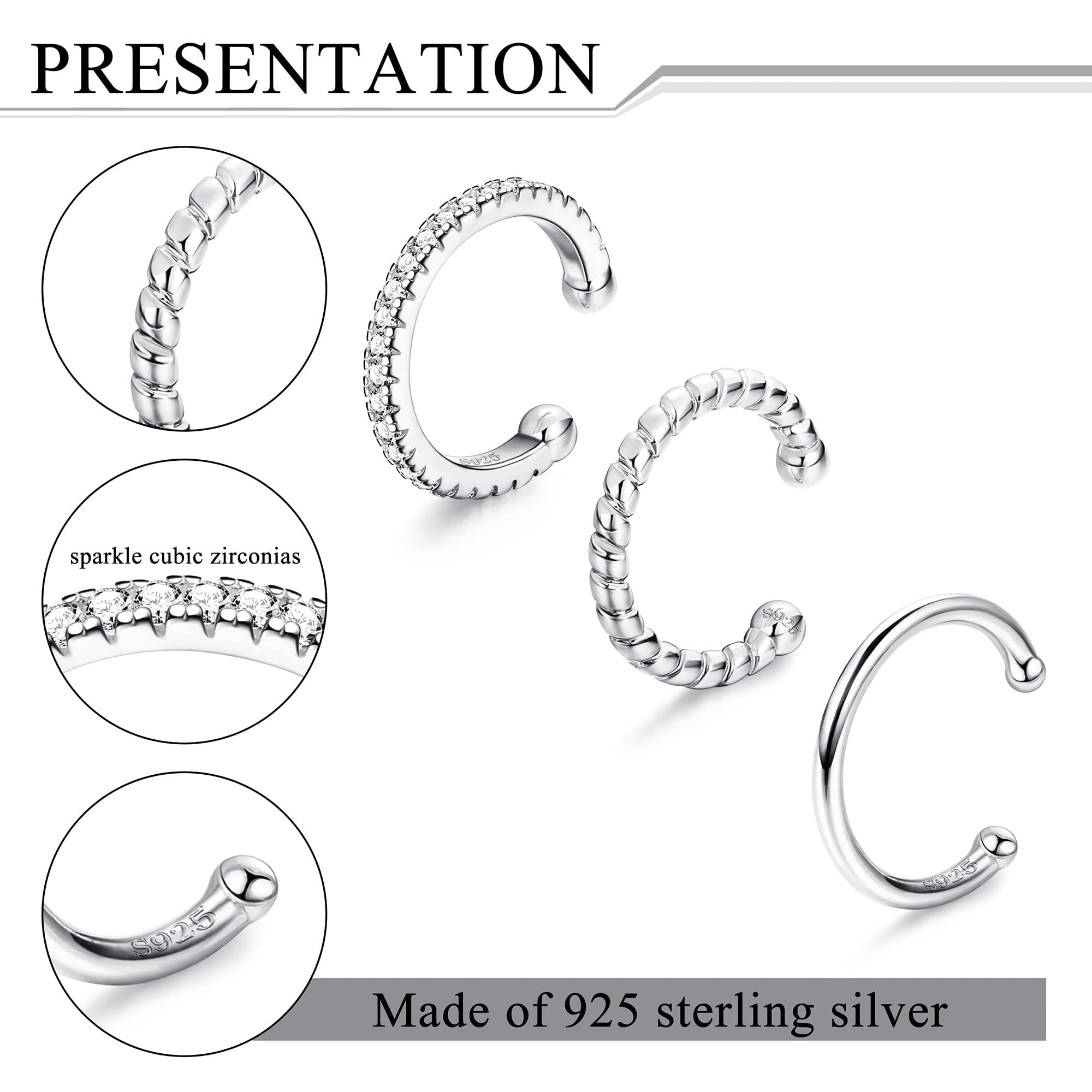 JeryWe 925 Sterling Silver Non-Piercing Ear Cuff - Hypoallergenic Cartilage Helix Conch Fake Earrings for Women | Perfect for Everyday Wear, Parties & Special Occasions