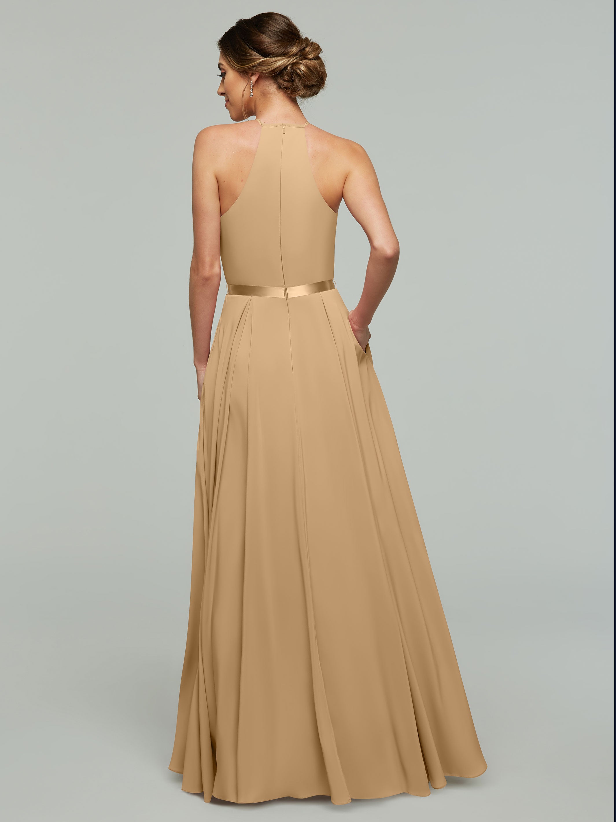 Elegant A-Line Stretch Chiffon Bridesmaid Dress with Halter Neckline & Waist Belt - Perfect for Weddings, Formal Events & Special Occasions