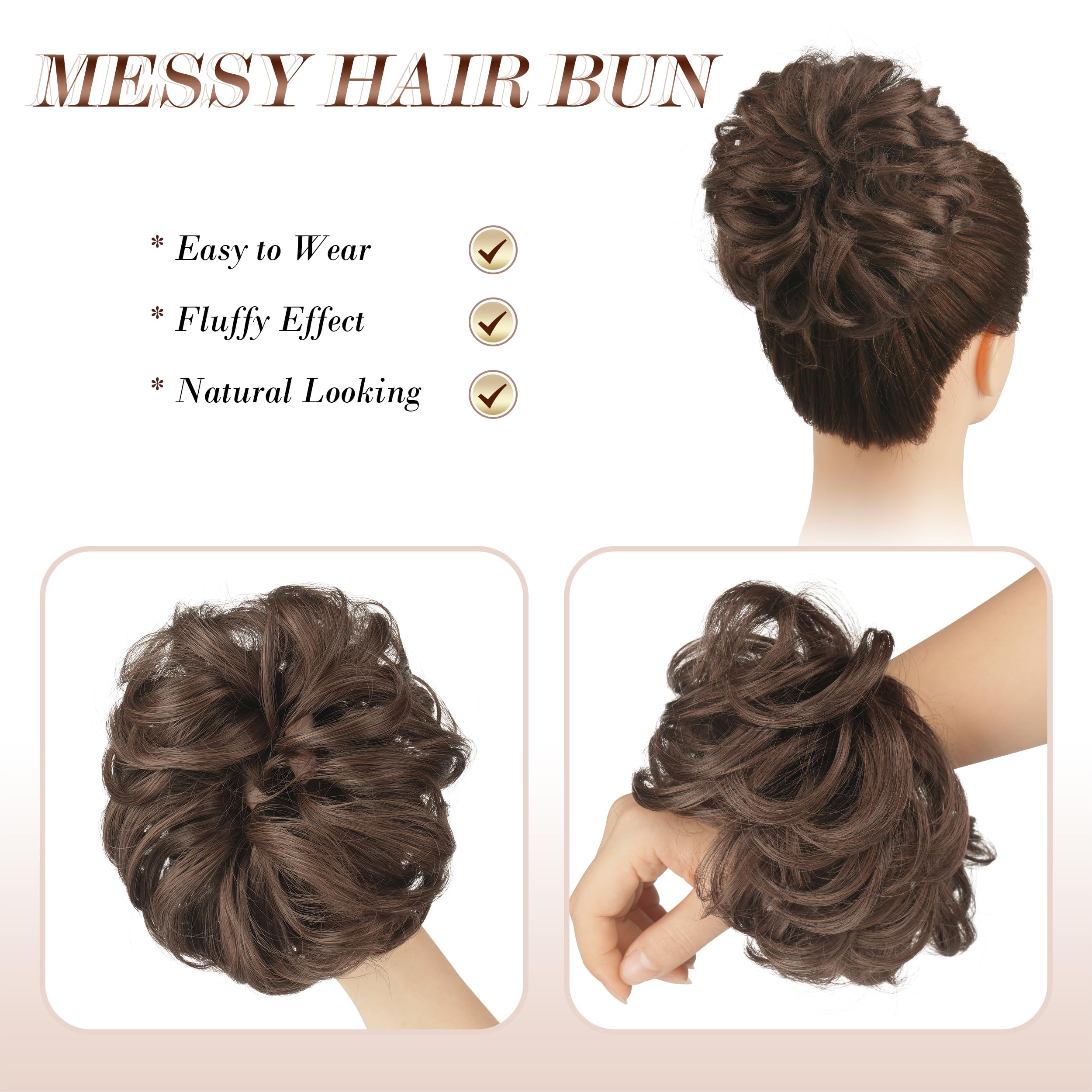 FESHFEN Hair Scrunchies Set - 30 Pcs Medium Brown & Light Auburn Mixed, Wavy Curly Messy Donut Bun Ponytail Extensions for Women | Perfect for Updos, Chignons, Casual & Formal Hairstyles