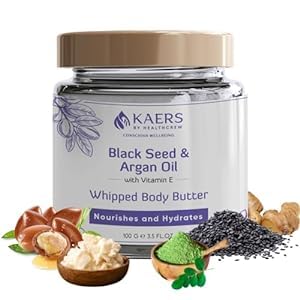 Kaers by Healthcrew Whipped Body Butter with Black Seed Oil & Argan Oil - Vitamin E Enriched Moisturizing Cream for Dry Skin | Ultra Hydrating & Nourishing | Perfect for Daily Skincare Routine, After Shower & Night Care - 3.5oz (100g) Pack of 1