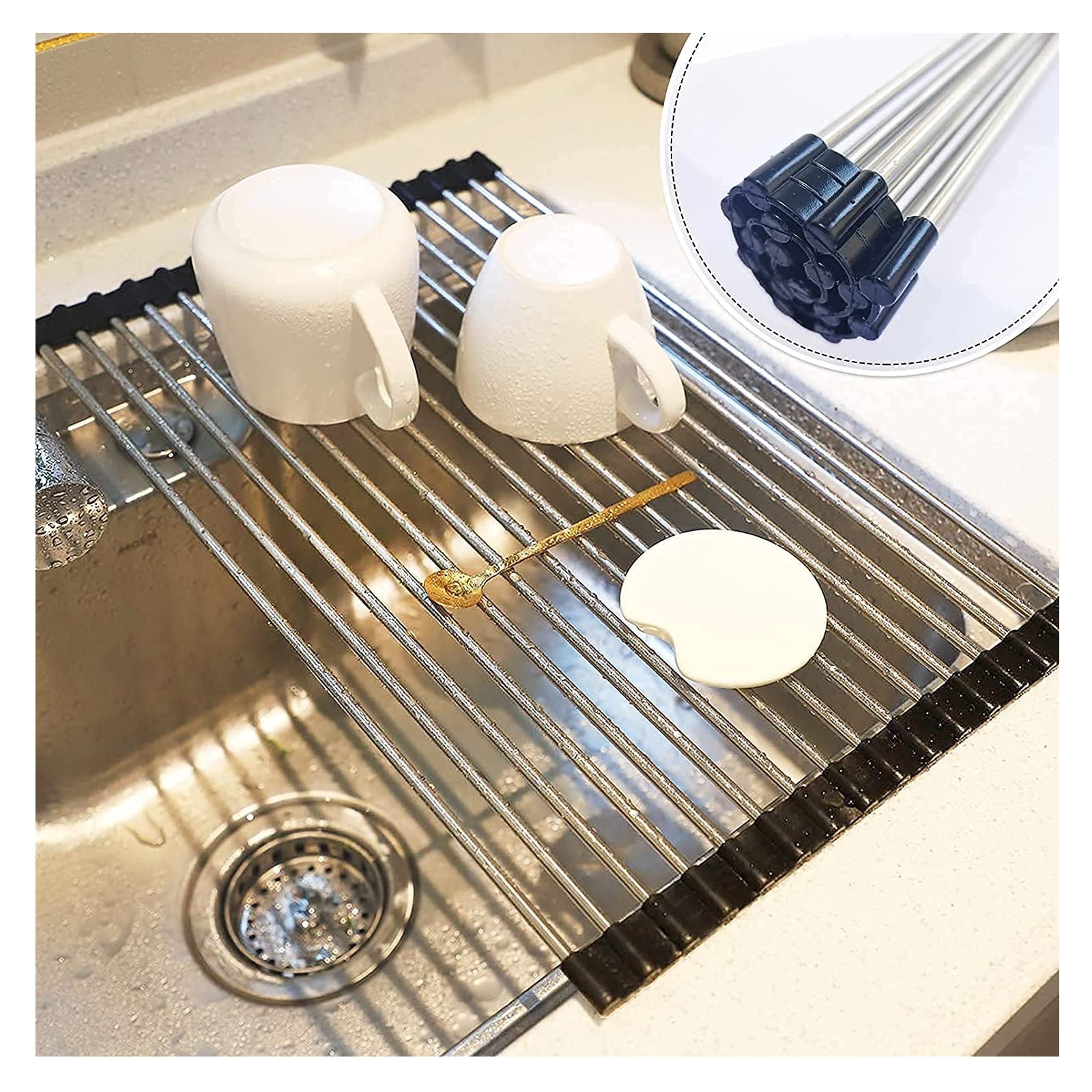 Portable Stainless Steel Roll Up Dish Drying Rack - Over The Sink Space Saving Kitchen Organizer (17.7