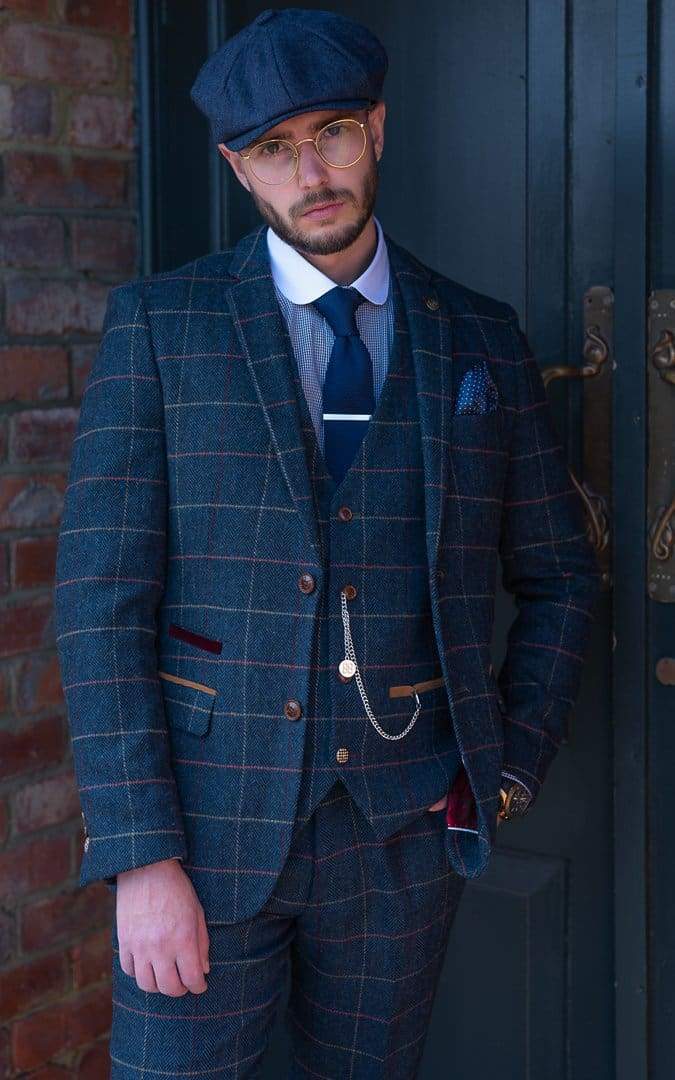 Marc Darcy Eton Navy Blue Tweed Check 3-Piece Suit for Men | Classic British Style Formal Wear | Perfect for Weddings, Business Meetings & Special Occasions
