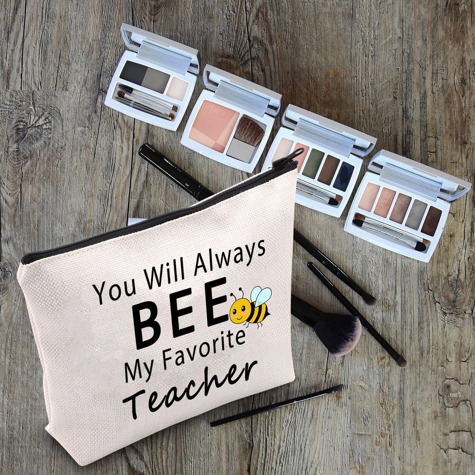 LEVLO Bee Teacher Makeup Bag - Cute Cotton Cosmetic Pouch for Teacher Appreciation Gifts, Best Teacher Gift Idea for Women - Perfect for Classroom Supplies, Travel Essentials & Daily Makeup Storage (You'll Always Bee My Favorite Teacher)