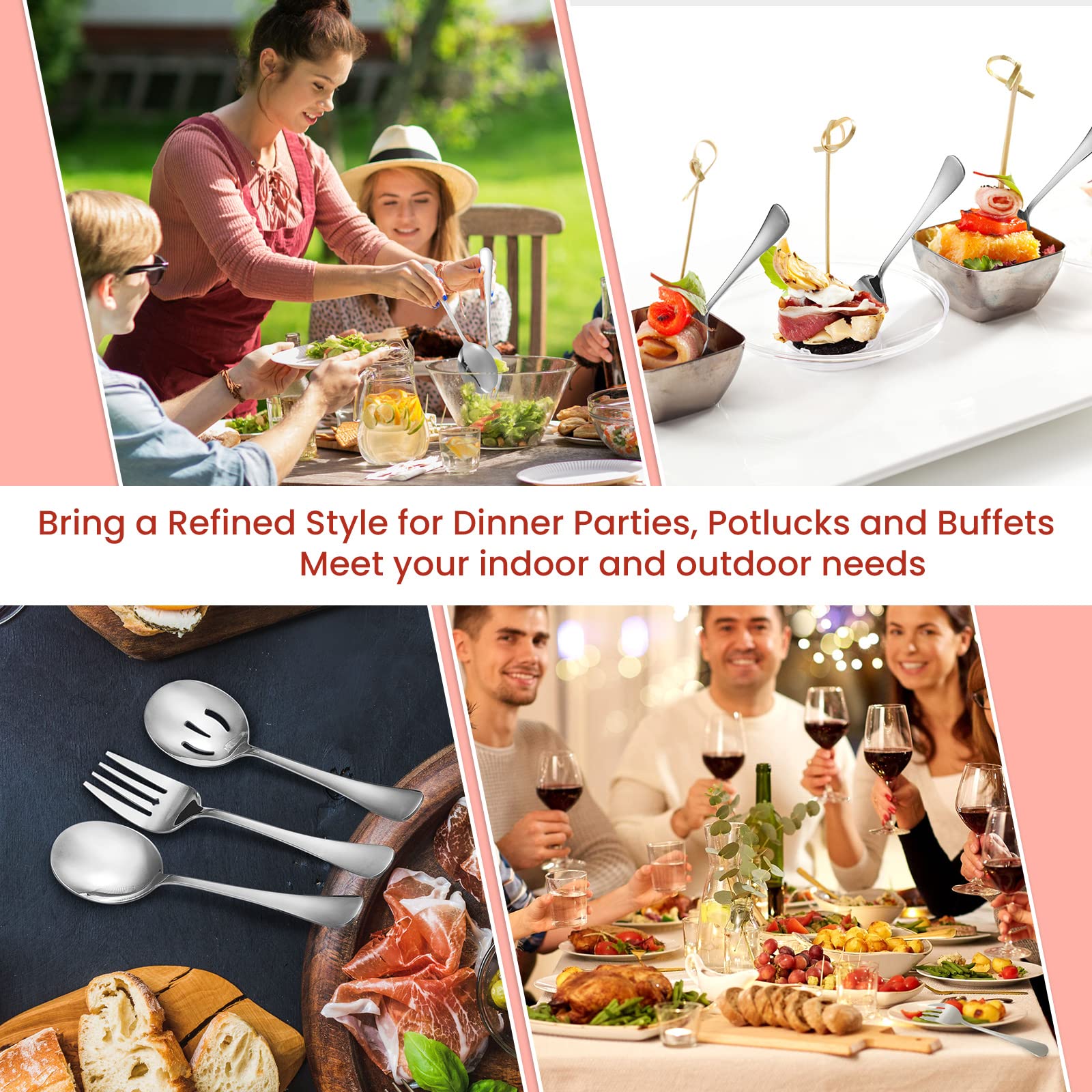 **Patelai 6-Piece Stainless Steel Serving Spoon Set – 4 Slotted Spoons & 2 Forks – 8.7 Inch Silver – Ideal for Buffet, Party, Banquet & Restaurant Use**