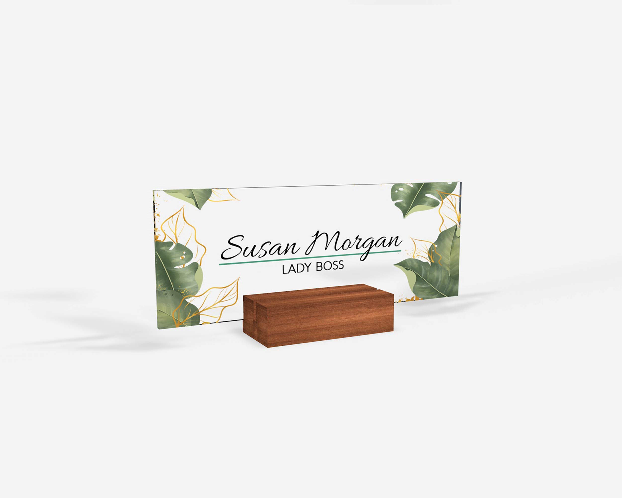 Personalized Desk Name Plate - Modern Office Name Sign with Floral Green Leaves & Metallic Foil - 8