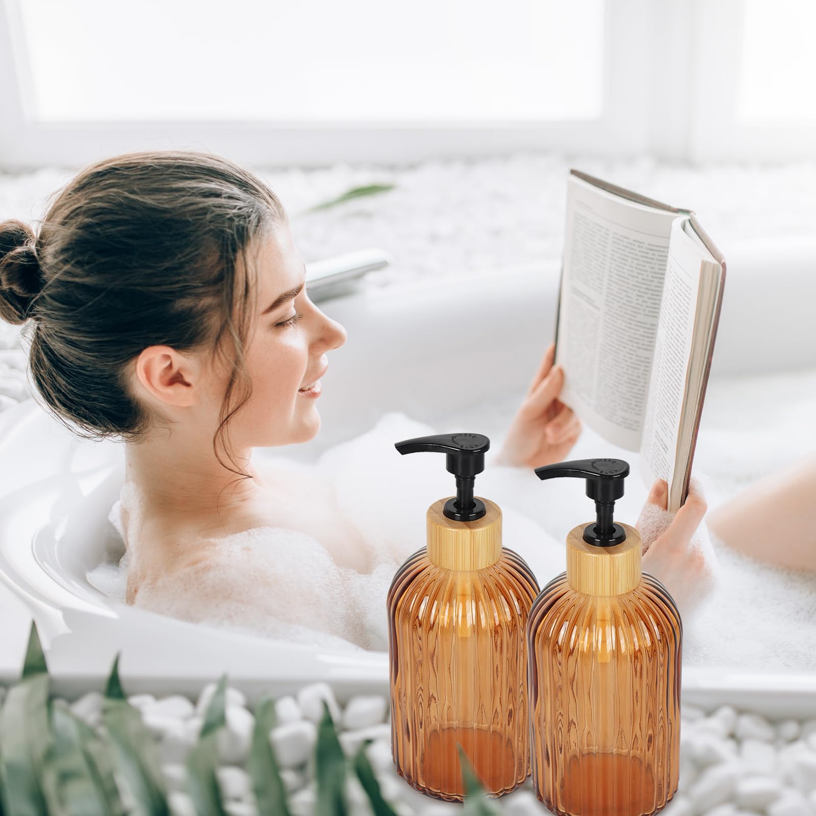 Premium 2-Pack Amber Glass Soap Dispenser with Pump - 13.5 Oz Refillable Lotion Dispenser for Bathroom, Kitchen & Vanity - Eco-Friendly Hand Soap & Dish Soap Dispenser for Home, Office & Spa Use