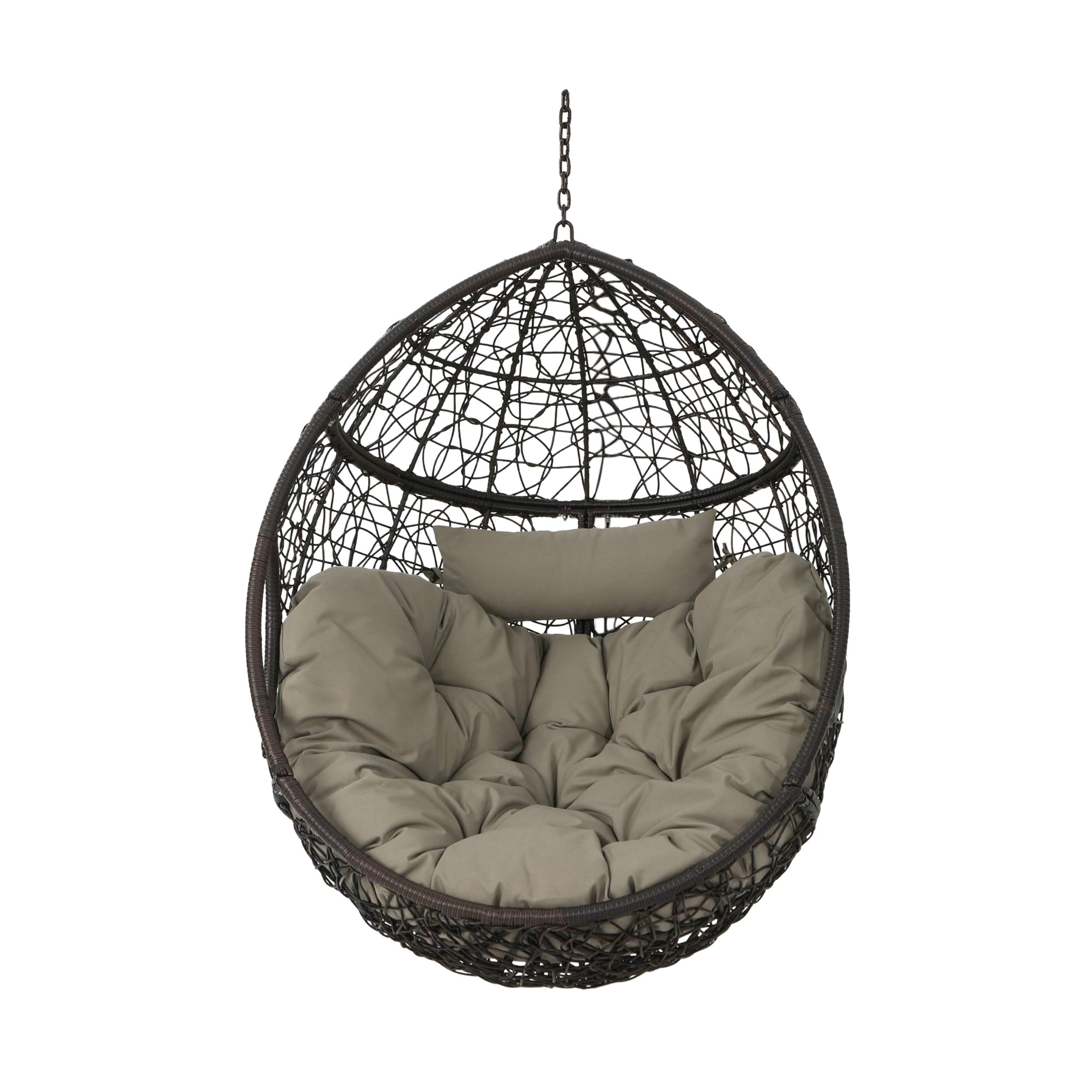 Christopher Knight Home Leander Indoor/Outdoor Hanging Basket Chair - Woven Rattan Swing Seat with Cushion, Multi-Brown & Khaki (Stand Not Included) - Perfect for Patio, Garden, Porch or Balcony Relaxation