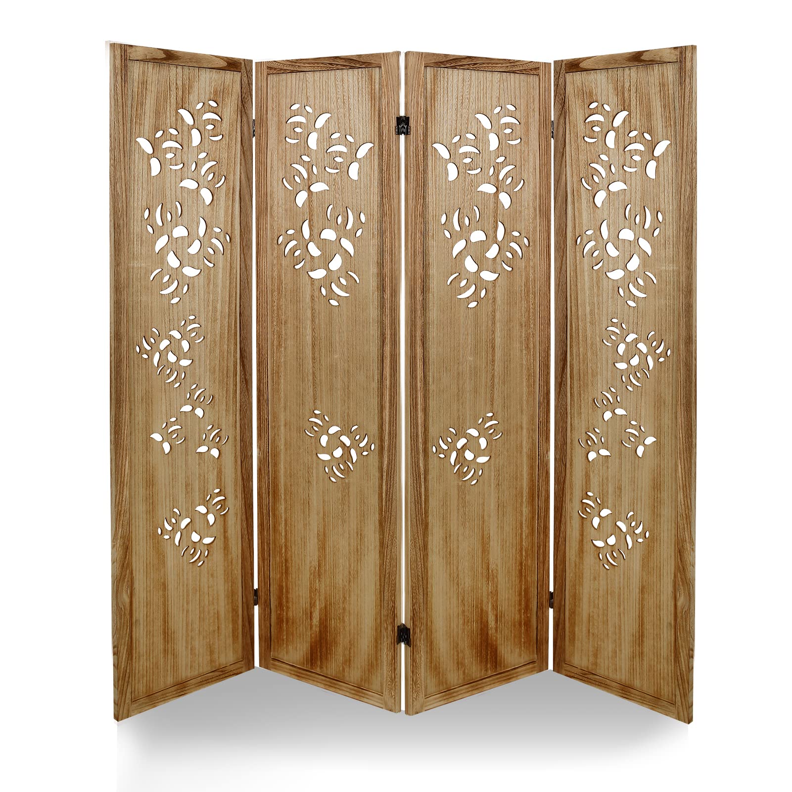 ECOMEX 4 Panel Wooden Room Divider Screen - 5.6Ft Freestanding Folding Partition for Bedroom, Office & Restaurant - Natural Wood Carved Design - Perfect for Privacy, Space Division & Home Decor