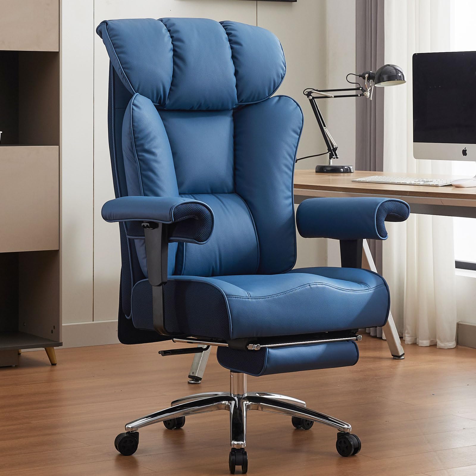 Ergonomic Office Chair for Big & Tall People - Heavy Duty Executive Chair with Footrest & Lumbar Support - Best Adjustable Desk Chair for Back Pain Relief - Blue Home Office Chair for Comfortable Working & Gaming