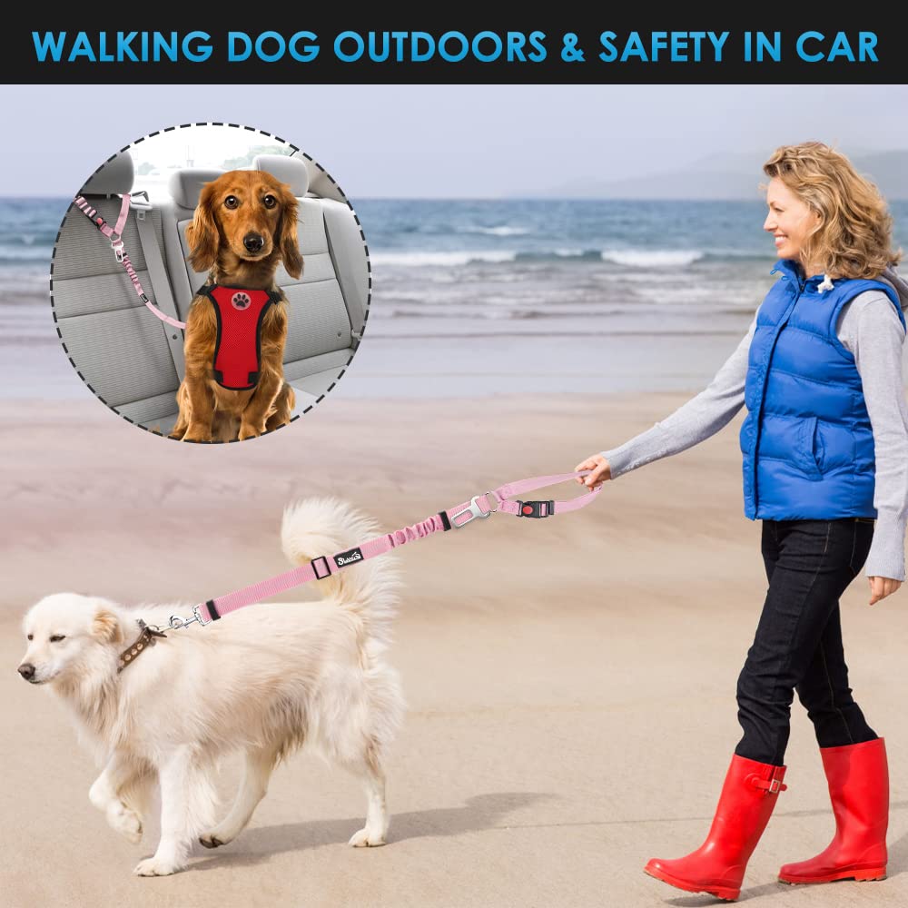 SlowTon 2-Pack Adjustable Dog Seat Belt for Cars - Elastic Bungee Buffer Pet Safety Harness with Reflective Tether (Pink) | Headrest + Clip Attachment | Perfect for Road Trips & Vet Visits