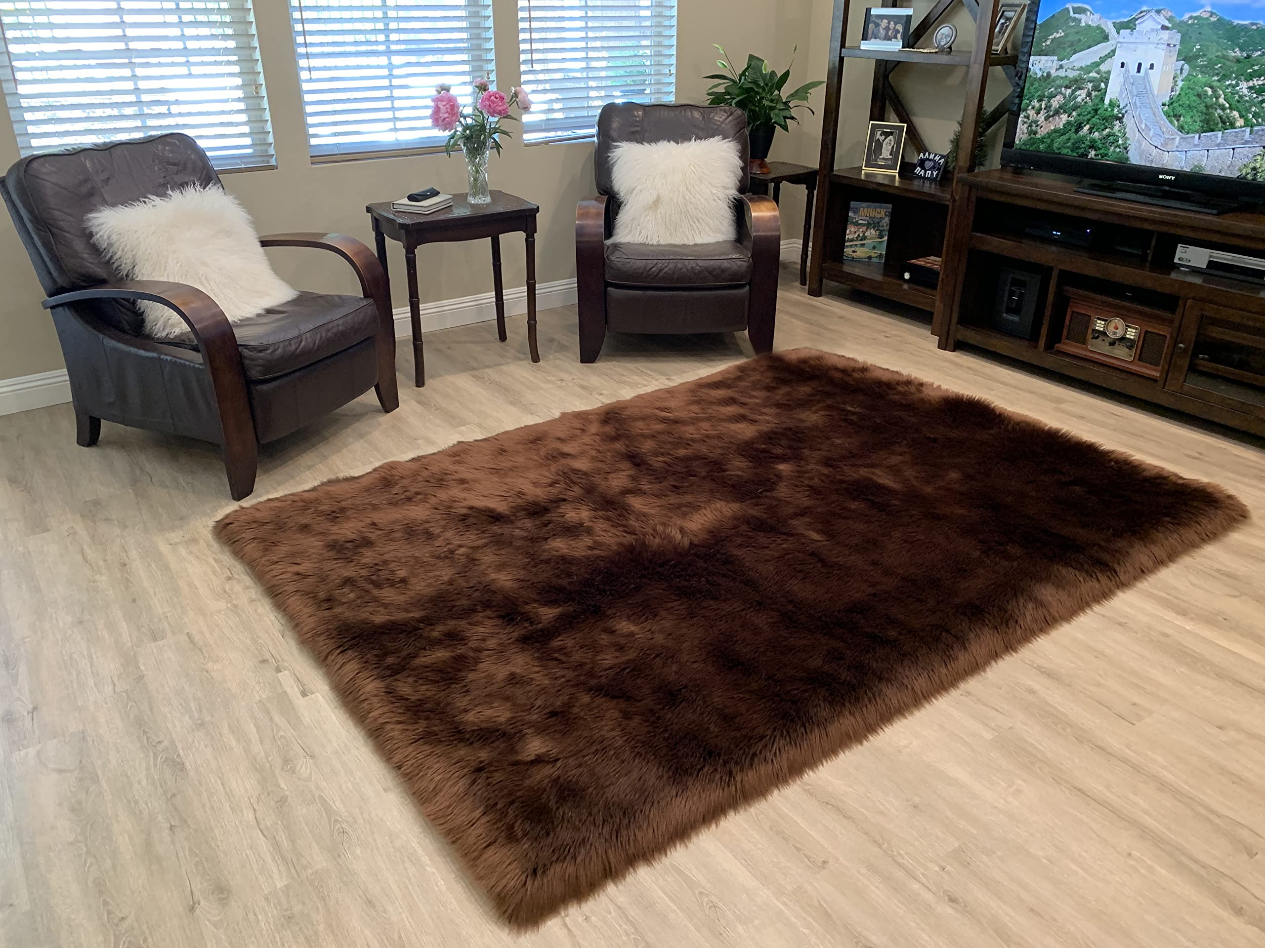 LAMBZY Faux Sheepskin Rug - Super Soft Hypoallergenic Shaggy Carpet for Living Room, Bedroom, Nursery | Plush & Silky Texture | 5x8 Feet Brown Area Rug | Perfect for Cozy Home Decor, Kids Play Area & Sofa Accent