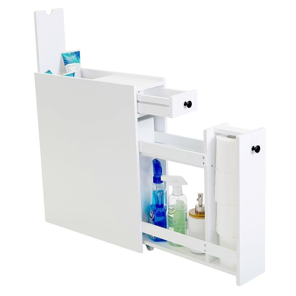 Slim Pull-Out Bathroom Storage Cabinet - White | Space-Saving Organizer for Towels, Toiletries & Cleaning Supplies | Perfect for Small Bathrooms, Laundry Rooms & Kitchens