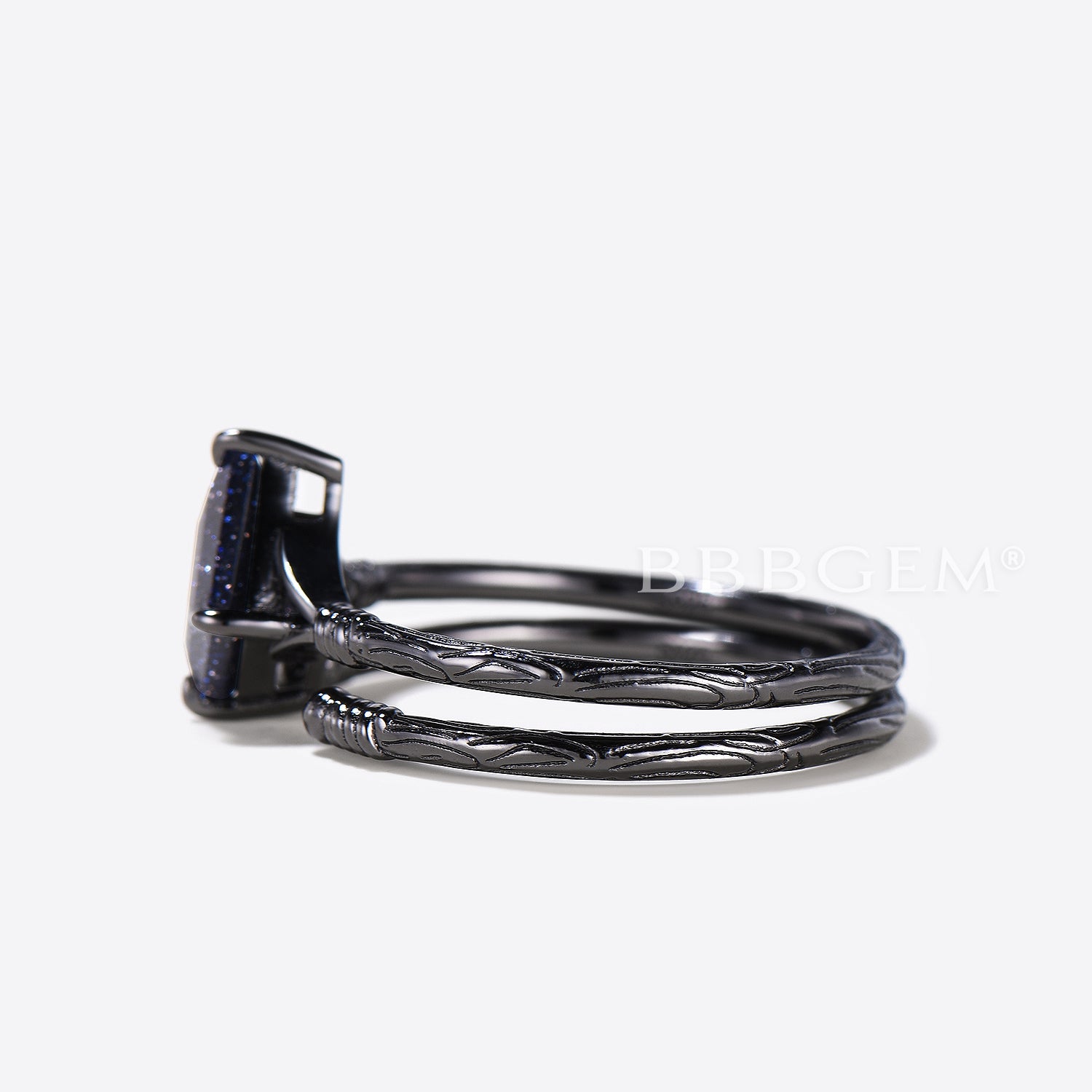 Blue Sandstone Engagement Ring Set - Kite Cut Solitaire Open Cuff Bridal Jewelry for Wedding & Anniversary Gifts