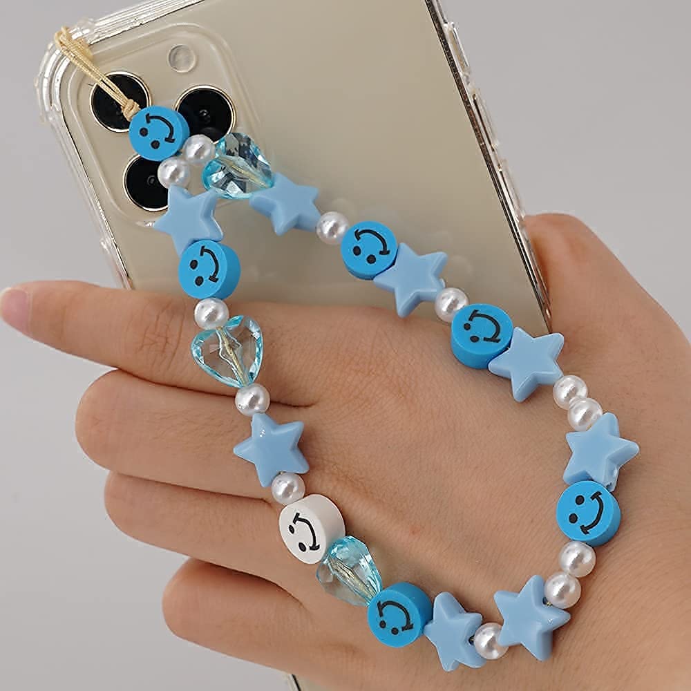 Stylish Smiley Face Beaded Phone Strap Wrist Lanyard - Handmade Polymer Clay & Acrylic Beads with Pearl Charm for Women & Girls - Perfect for Phone Security, Keychains, and Fashion Accessories