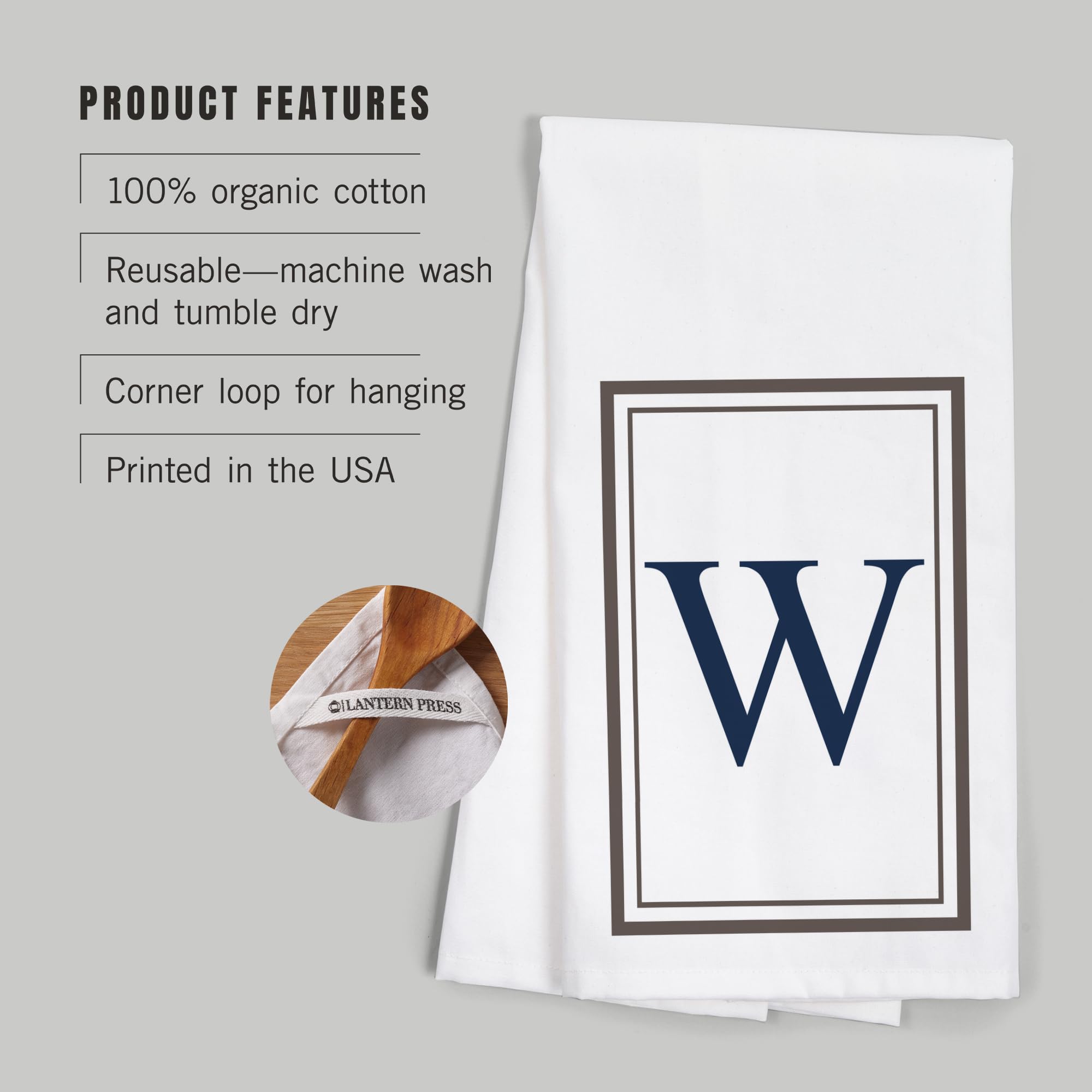 Lantern Press Monogram Estate Gray and Blue Cotton Tea Towel - 100% Cotton Decorative Hand Towel for Kitchen, Bathroom & Home Decor - Perfect for Gifts, Housewarming & Farmhouse Style Decor