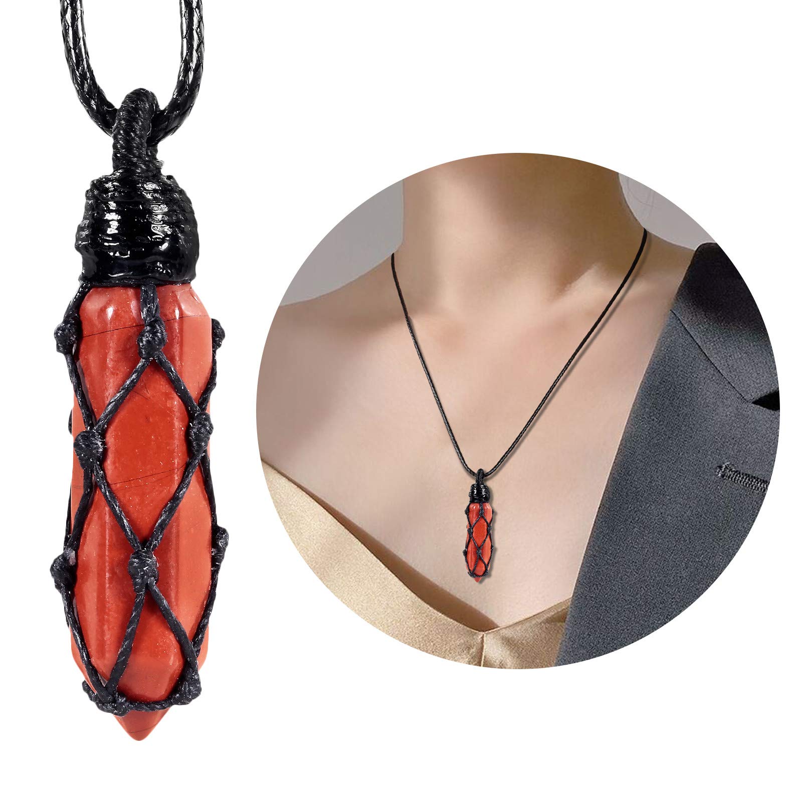 Hexagonal Crystal Points Pendant Necklace for Men & Women - Adjustable Cord with Wrapped Stone Wand - Perfect for Meditation, Yoga, Energy Healing & Spiritual Gifts