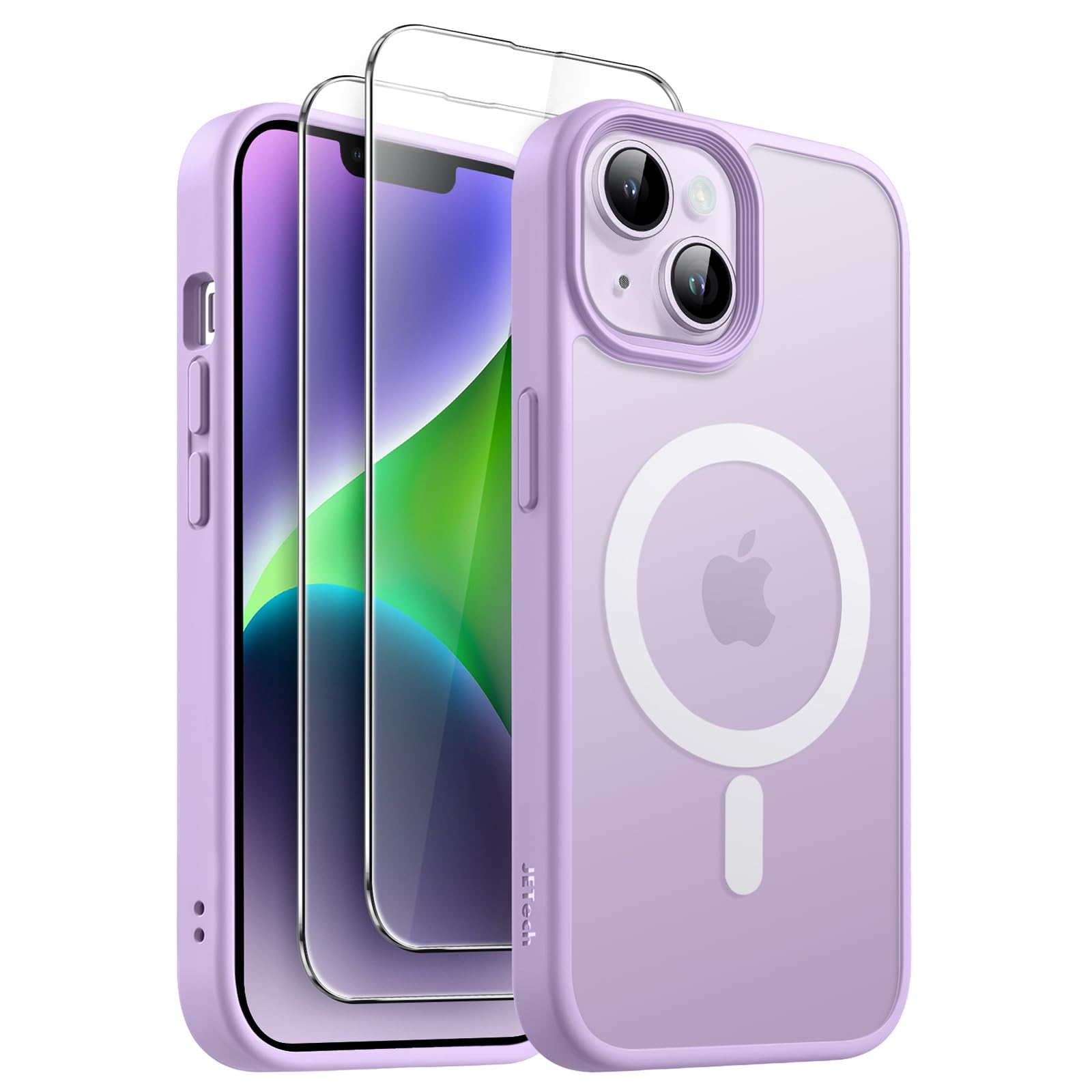 JETech 3 in 1 Magnetic Case for iPhone 14 6.1-Inch | 2-Pack Tempered Glass Screen Protector | MagSafe Compatible | Translucent Matte Back Shockproof Phone Cover (Light Purple) | Perfect for Work, Travel & Everyday Protection