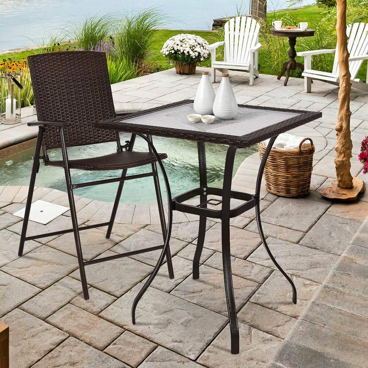 Rattan Bar Square Table with Glass Top & Steel Frame - Outdoor Bistro Table for Patio, Garden, Backyard - Perfect for Dining, Entertaining & Relaxing