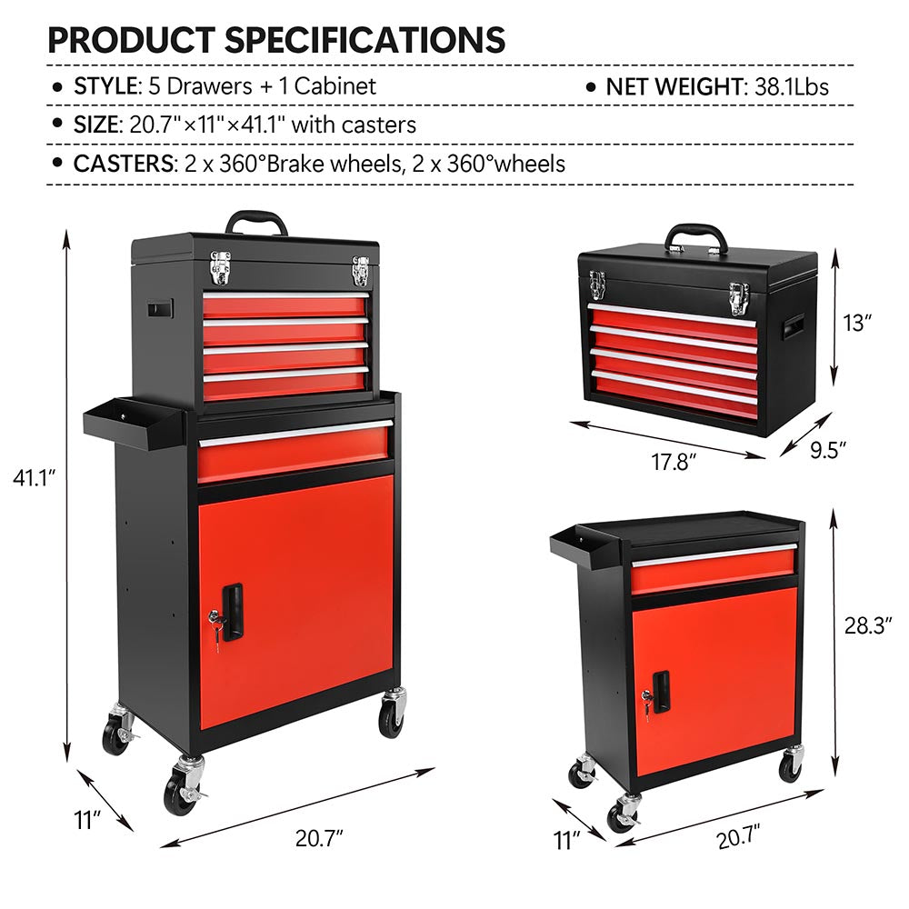 TheLAShop 5-Drawer Rolling Tool Cabinet with Locking System - Heavy Duty Mobile Tool Storage for Garage, Workshop & DIY Projects