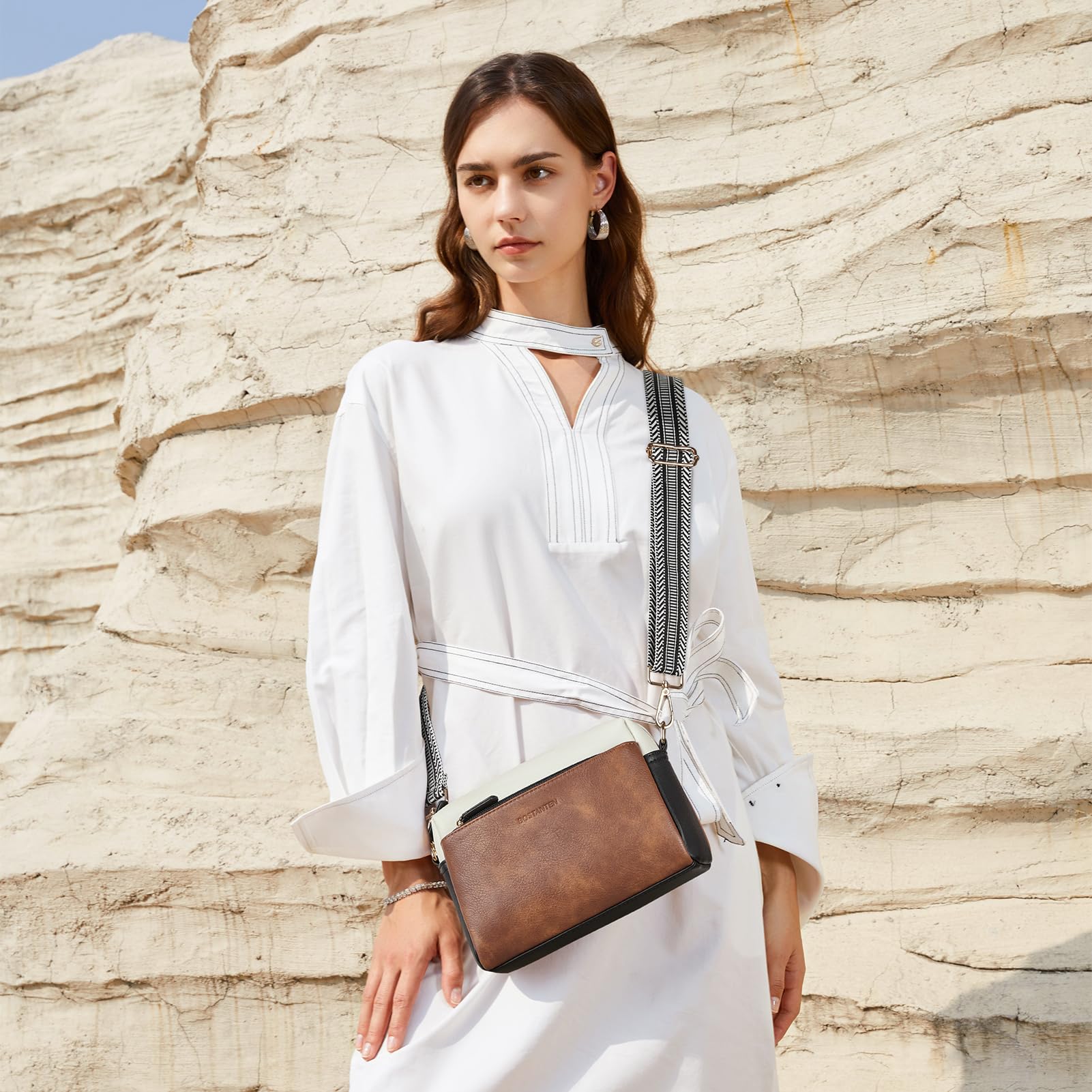 BOSTANTEN Women's Small Crossbody Bag with Triple Zip - Leather Phone Purse with Adjustable Color Shoulder Strap | Perfect for Travel, Shopping & Everyday Use