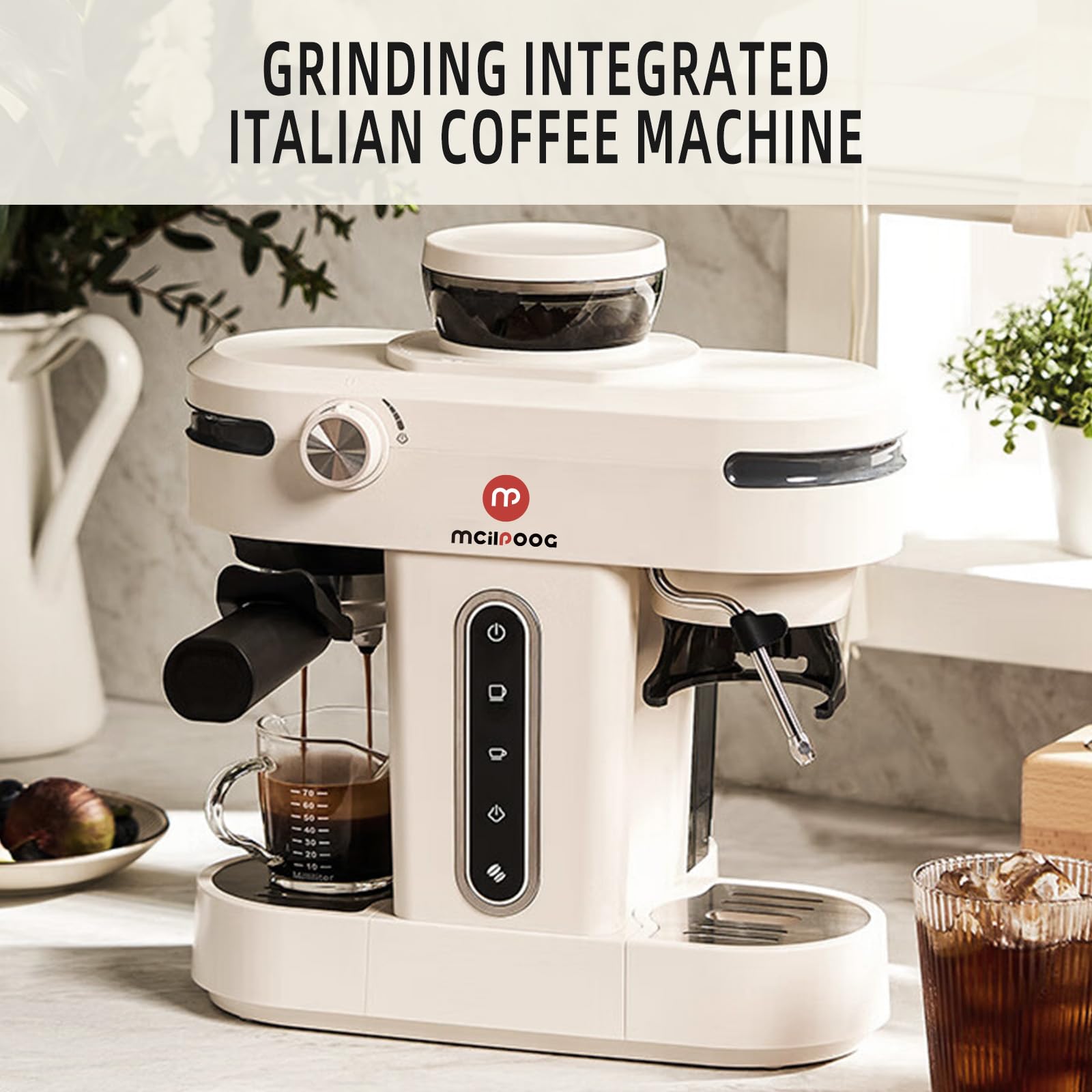 Mcilpoog AC510 15Bar Semi-Automatic Espresso Machine with Built-in Grinder & Steam Wand - 3-in-1 Compact Coffee Maker for Cappuccino, Latte & Americano - 28oz Removable Water Tank - Perfect for Home Baristas & Coffee Lovers (Creamy White) - Ideal for Kitchen Countertops, Office Break Rooms & Gift for Dad