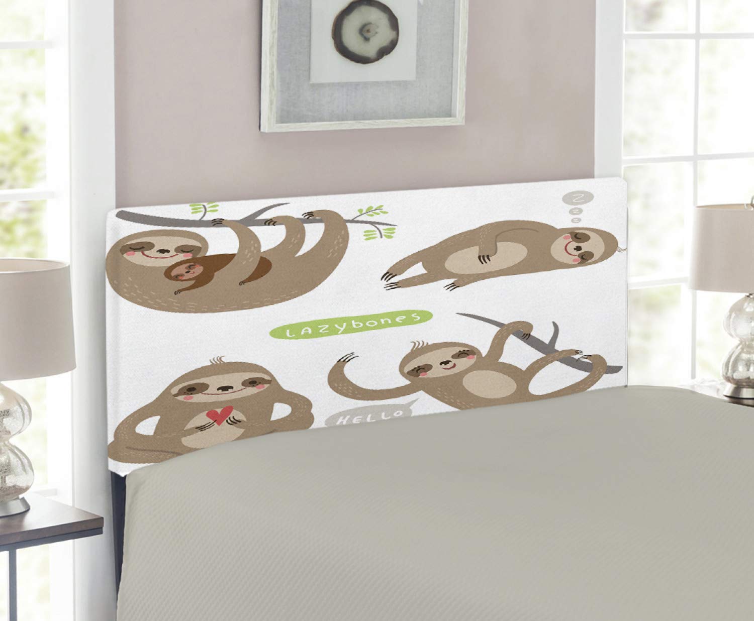 Ambesonne Sloth Headboard - Funny Lazy Sloths Hugging Family Design, Upholstered Decorative Metal Bed Frame with Memory Foam, Twin Size in Pale Brown Grey Green - Perfect for Kids' Bedrooms & Cozy Nursery Decor