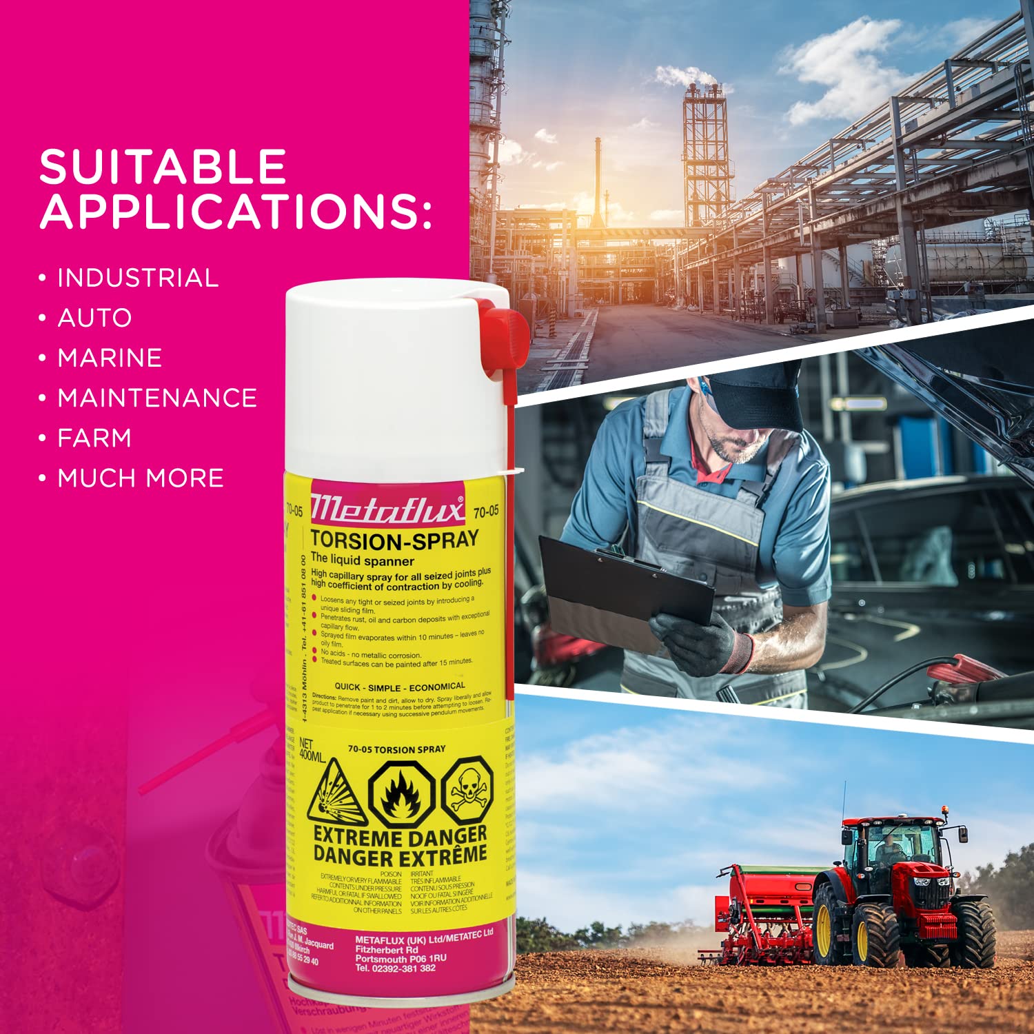 Metaflux 70-05 Torsion Spray Rust Remover – Industrial Grade Penetrating Oil for Rusted Bolts, Nuts, and Screws – Multipurpose Lubricant Spray (400 ml) for Automotive, Machinery, and Home Maintenance