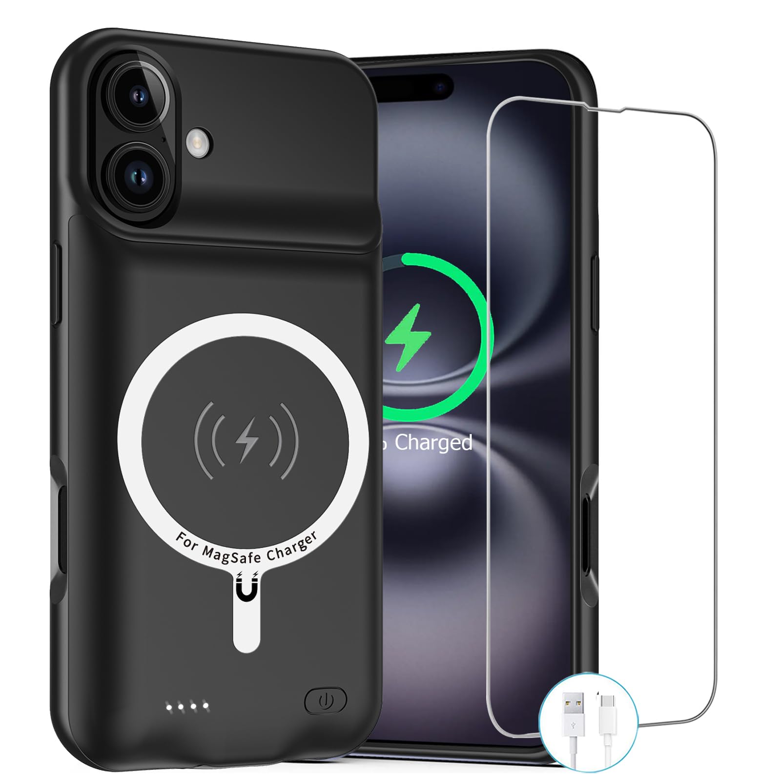 10000mAh Wireless Charging Battery Case for iPhone 16 (6.1 inch) - 2024 Rechargeable Portable Power Bank with CarPlay Support | Extended Battery Pack Charger Case (Black) | Perfect for Travel, Work & Outdoor Activities