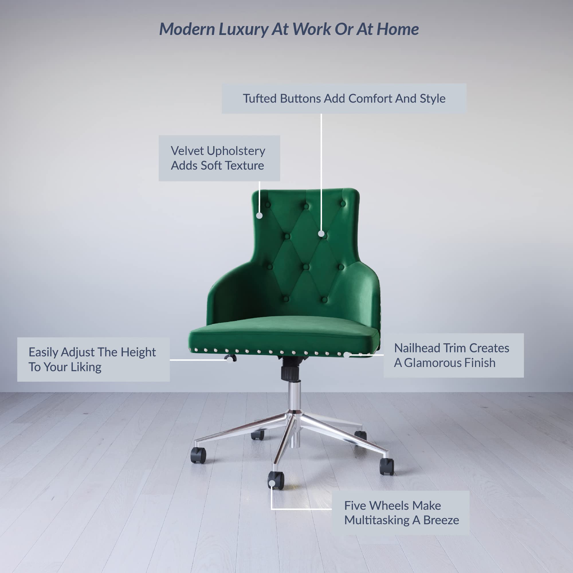 BELLEZE Modern Velvet Desk Chair - Adjustable Height Swivel Office Chair with Wheels, Tufted Upholstered Seat & Slim Arms for Home Office, Bedroom Vanity or Study Room - Belden Green Velvet Chair for Comfortable Working & Studying