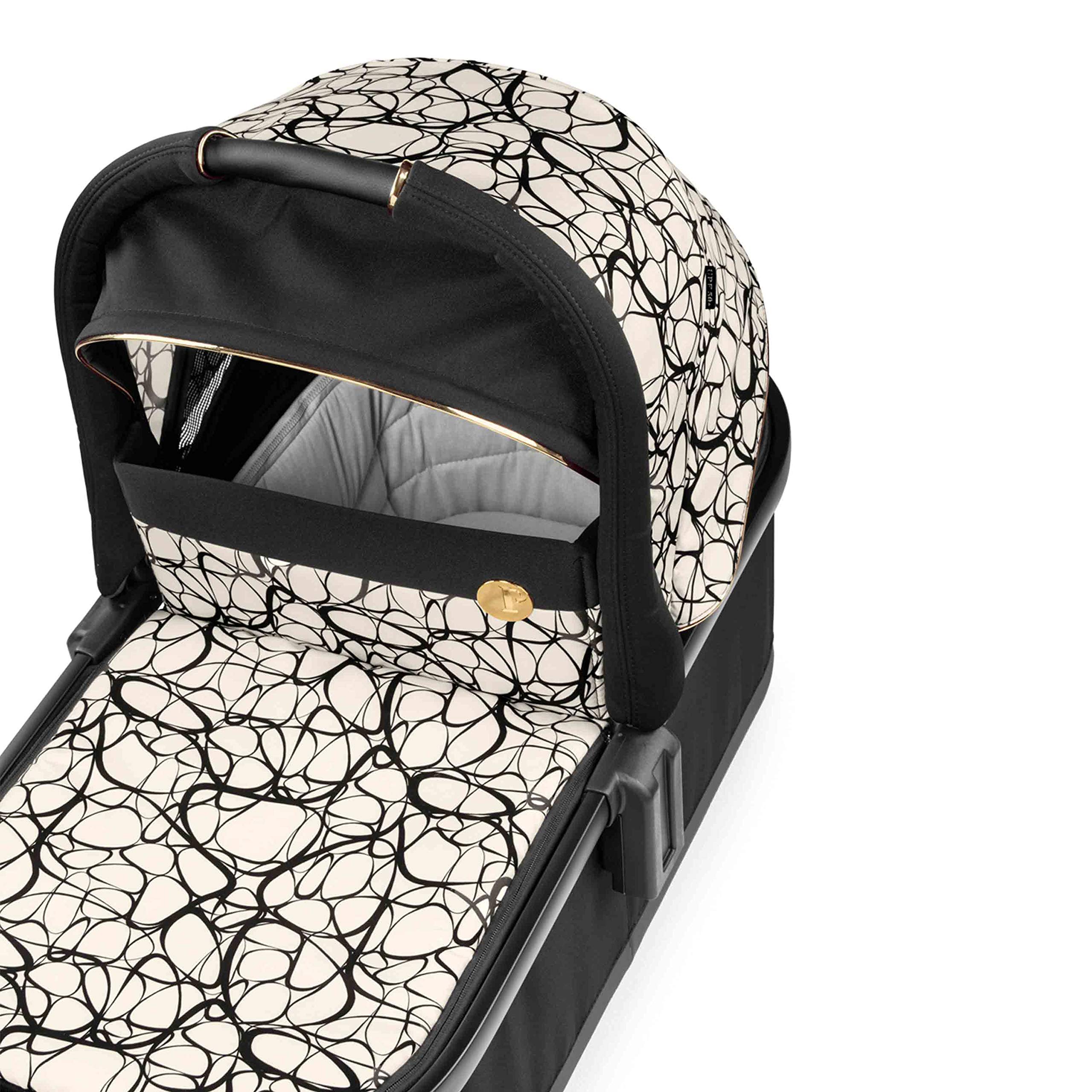 Peg Perego Bassinet with Home Stand for Ypsi, Veloce, Vivace Strollers - Black & Gold Graphic Design | Safe & Comfortable Baby Sleeper for Nursery, Bedroom, Travel