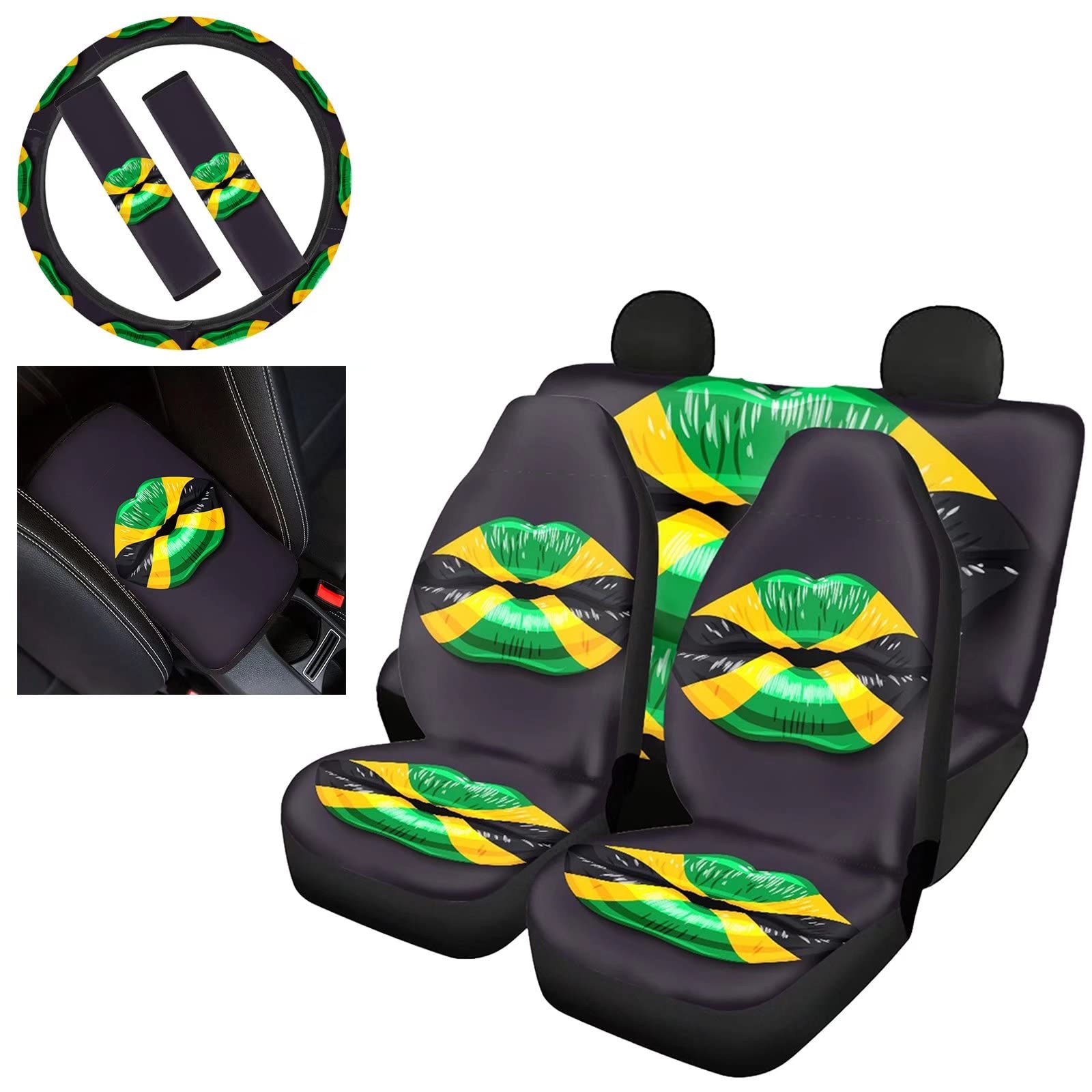 Jamaica Flag Car Seat Covers Set - 8 Piece Universal Fit (2 Front Seat Covers, 2 Bench Protectors, Steering Wheel Cover, Armrest Pad & 2 Seat Belt Pads) - Durable Auto Accessories for Cars, Trucks & SUVs - Perfect for Jamaican Pride, Car Shows & Tropical Themed Vehicles