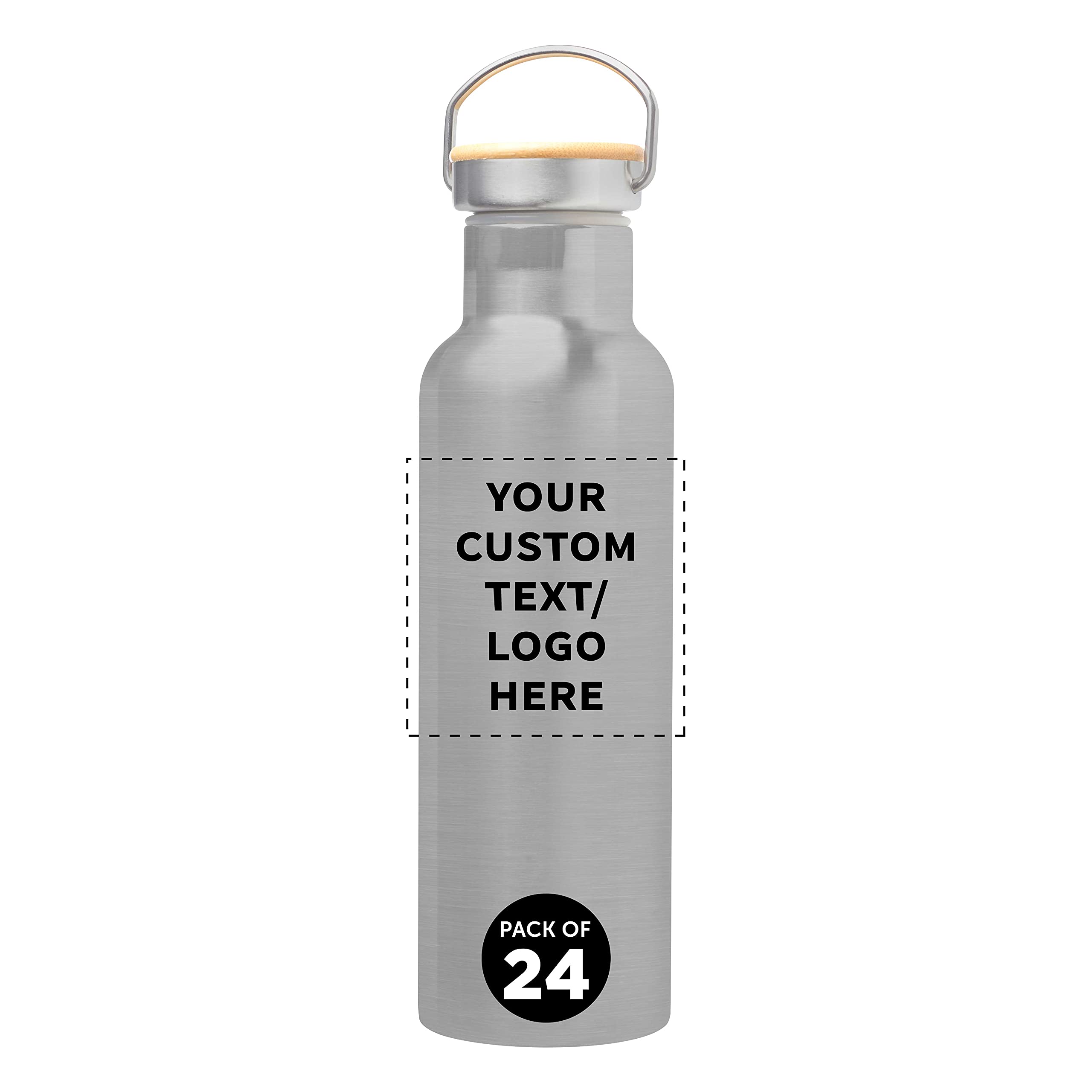 24 Pack Stainless Steel Water Bottles with Wooden Lid - 20 oz Double Wall Insulated, BPA Free, Spill Proof - Customizable Text & Logo (Silver) - Perfect for Office, Gym, Hiking and Outdoor Activities
