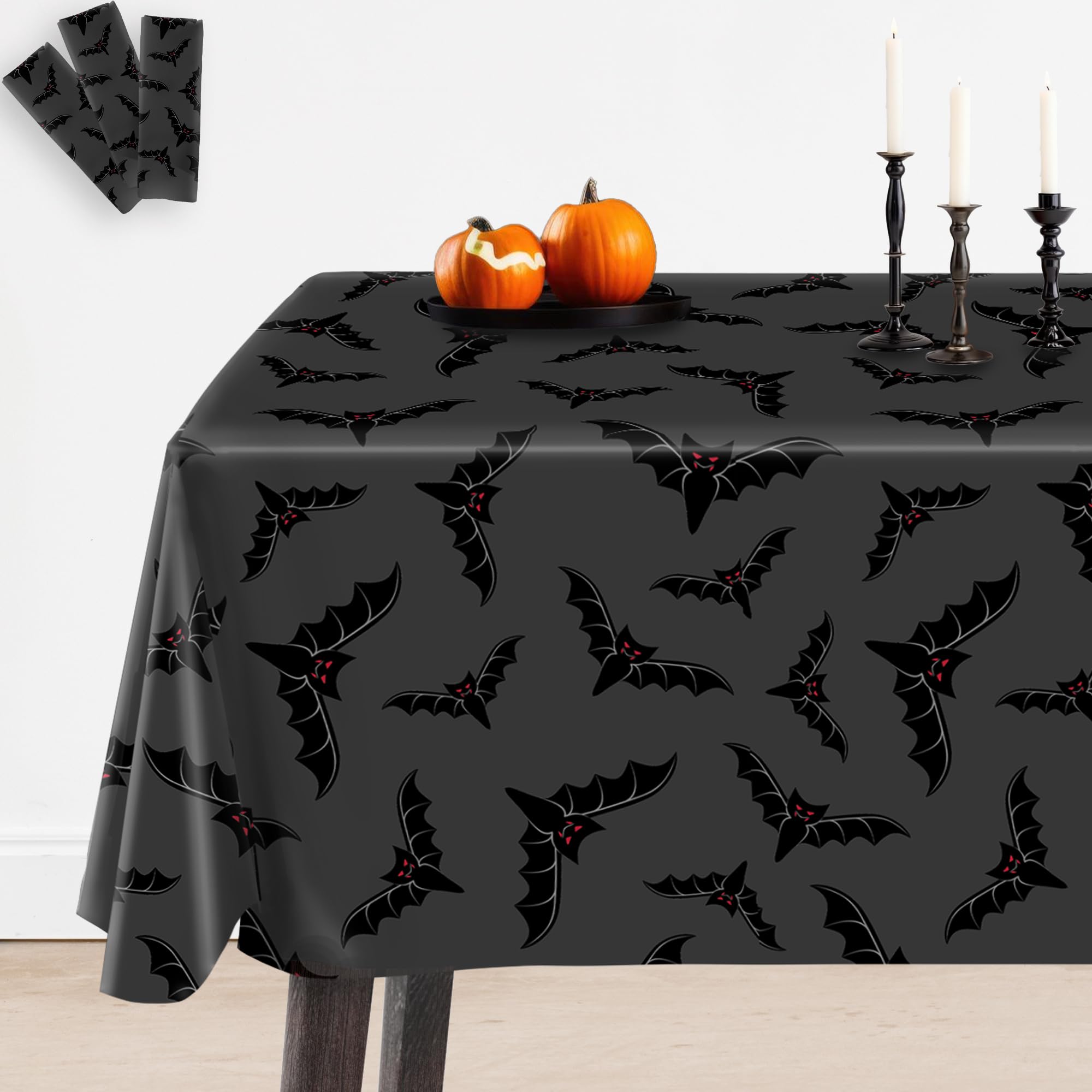 KatchOn Black Halloween Tablecloth Plastic - 54x90 Inch, Pack of 3 | Bats Design Halloween Table Cover, Disposable Spooky Table Decor for Halloween Party, Dinner, Haunted House & Outdoor Decorations