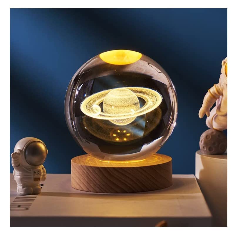 3D Crystal Ball Night Lamp with Wood Base - 8CM Saturn Galaxy LED Night Light for Home Decor, Living Room, Bedroom | Creative Luxury Ornament, Perfect for Relaxation & Gift Giving