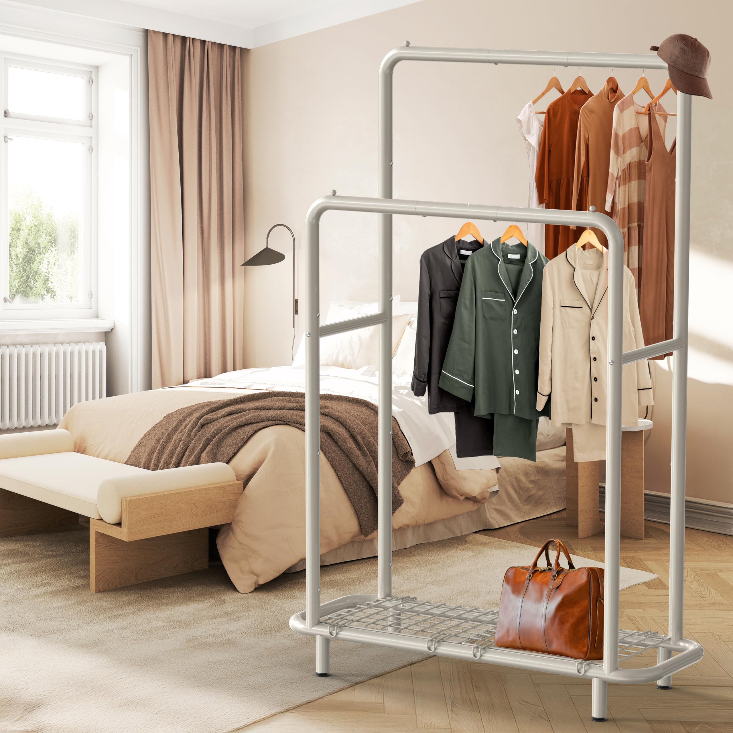 Simple Houseware Double Rod Clothing Garment Rack with Bottom Shelves - White | Space-Saving Closet Organizer for Bedroom, Laundry Room & Dorm Storage