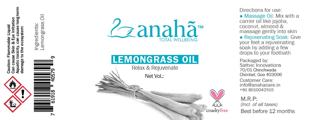 Anaha 100% Pure Lemongrass Essential Oil (30ml) - Steam Distilled, Therapeutic Grade for Aromatherapy, Skin & Hair Care | Natural Insect Repellent | Glass Bottle with Dropper | Perfect for Diffusers, Massage & DIY Beauty Products
