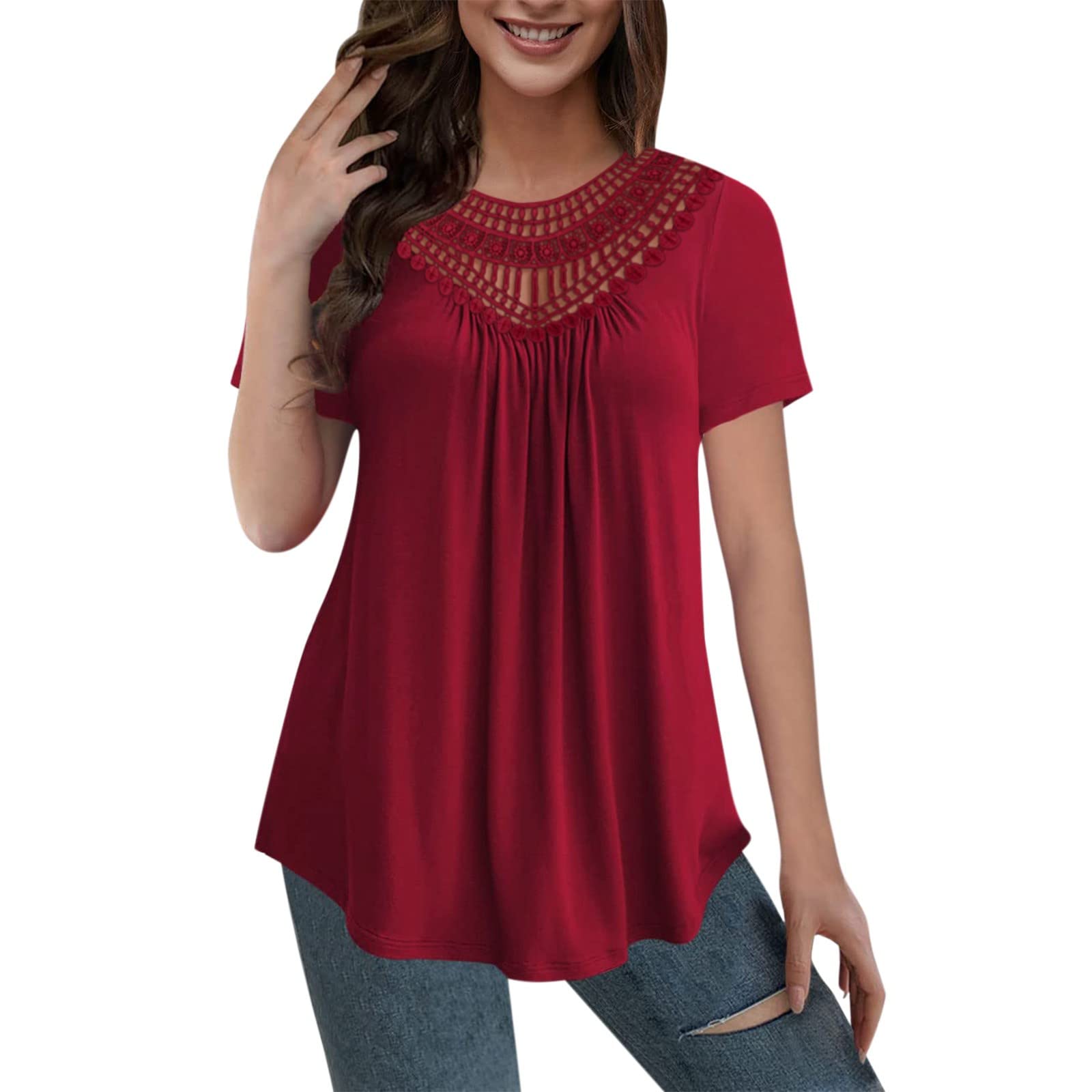 Women's Short Sleeve Lace Pleated Tunic Tops - Casual Cute Blouses & Tees for Everyday Wear | Perfect for Office, Dating & Summer Outfits