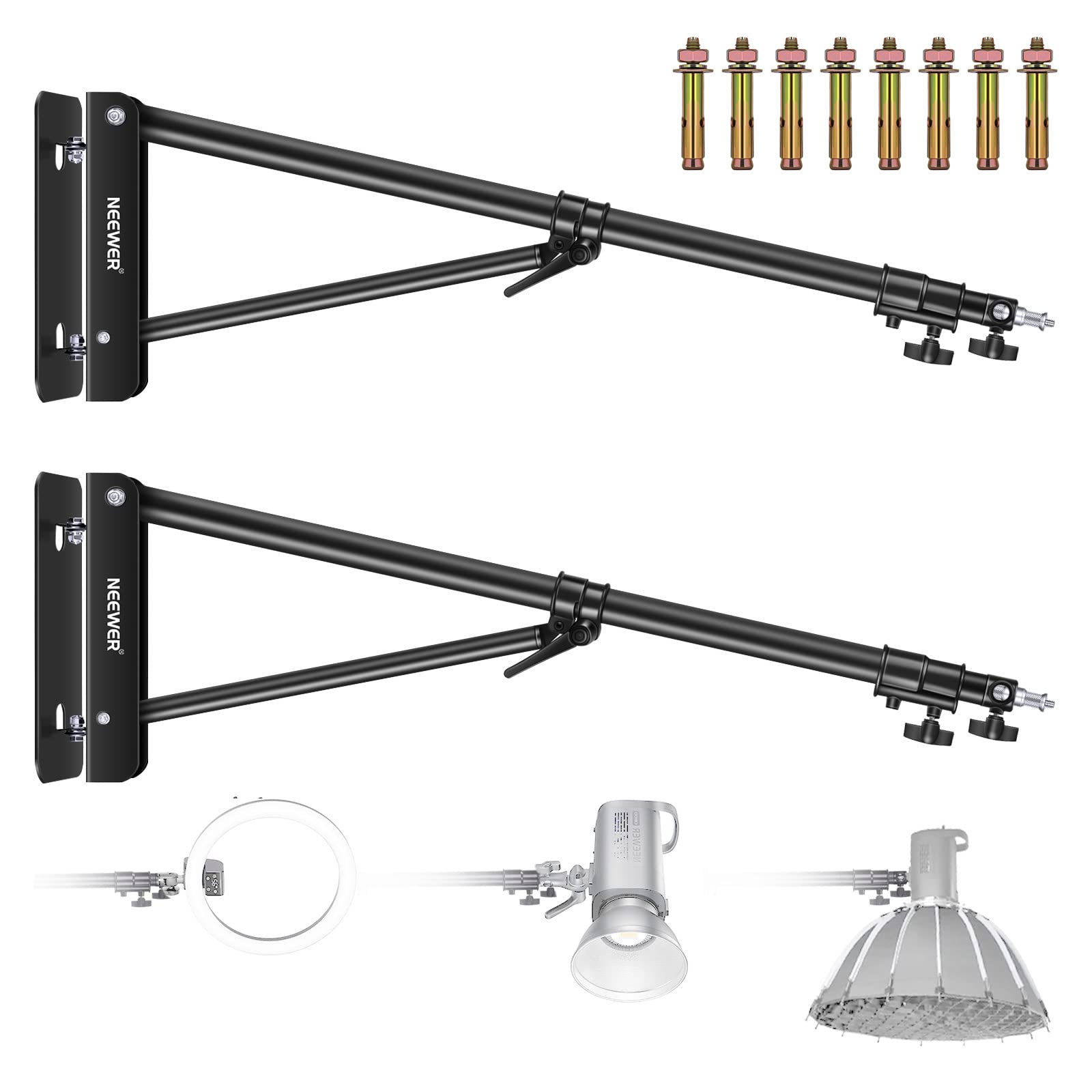 Neewer 2-Pack Adjustable Photography Boom Arm - 180° Rotation Studio Light Stand Mount for Strobe Lights, Monolights, Softboxes & Umbrellas (70.8in/180cm, Black) - Perfect for Home Studios & Professional Photography Setups