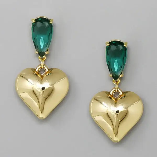 Gold & Green Puffed Heart Teardrop Glass Stone Earrings for Women - Elegant Bohemian Dangle Ear Jewelry for Party, Wedding & Special Occasions
