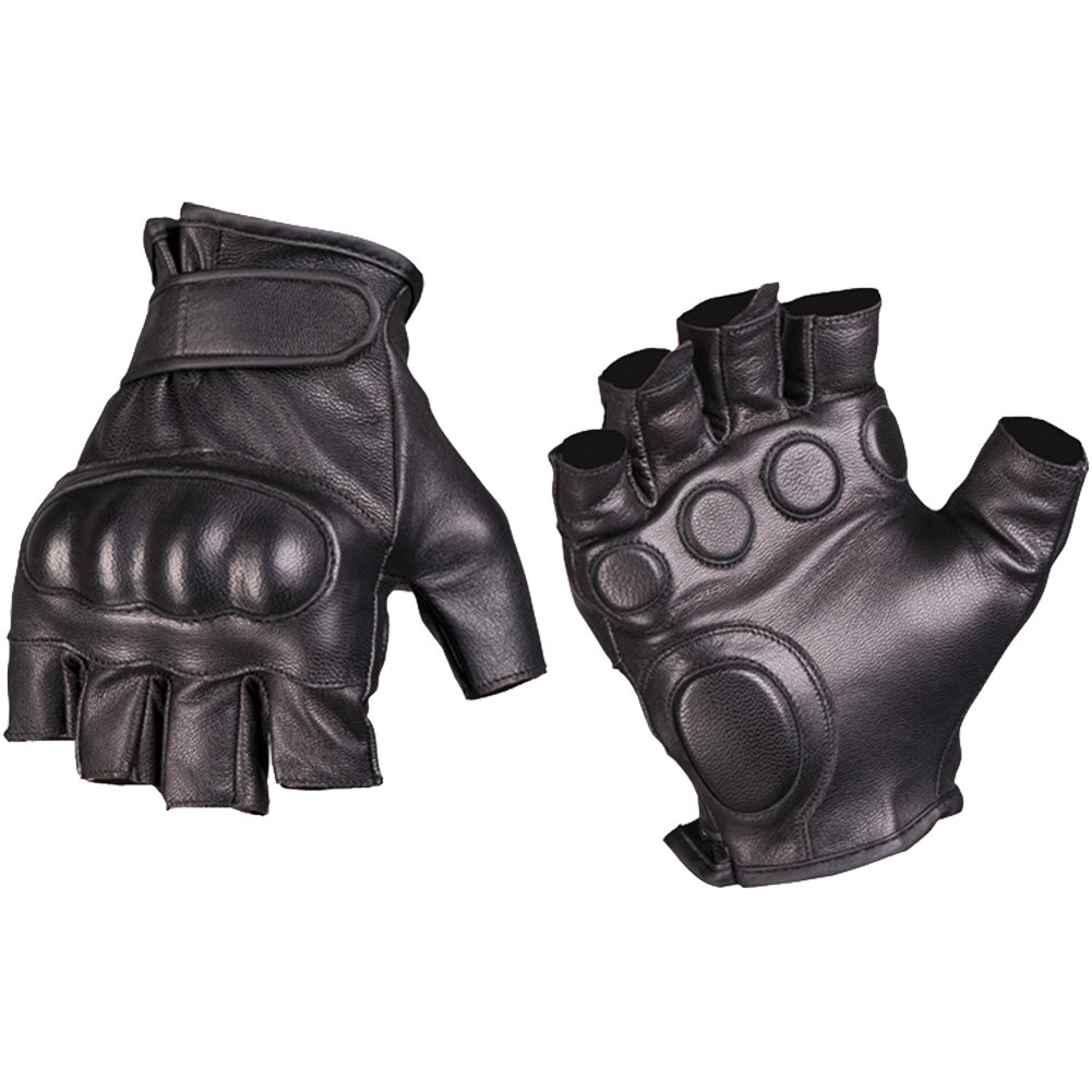 Mil-Tec Men's Fingerless Leather Gloves - Tactical Black Motorcycle Riding Gloves for Biking, Shooting & Outdoor Activities