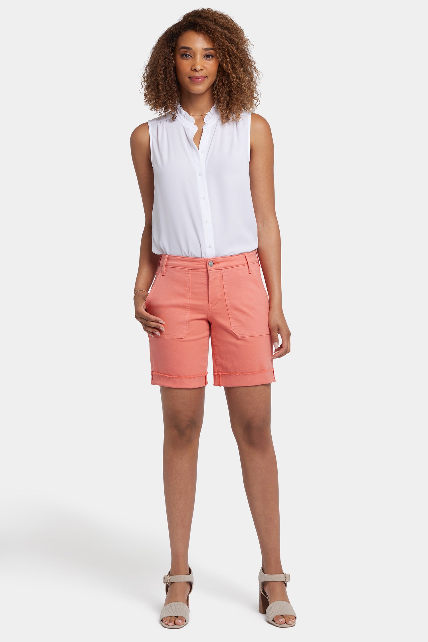 Women's Diana Relaxed Fit Denim Shorts in Coral Haze - Comfortable High Waist Distressed Jeans for Summer Casual Outfits and Beach Vacations