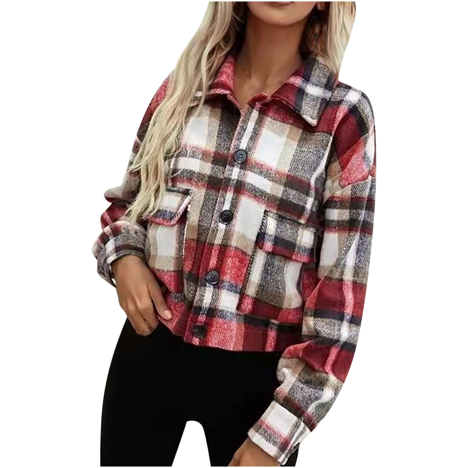 Women's Plaid Lapel Blouse - Stylish Long Sleeve Button Down Shirt with Crop Jacket Design for Spring & Fall | Casual Office Wear, Date Night Outfits & Everyday Fashion Outerwear