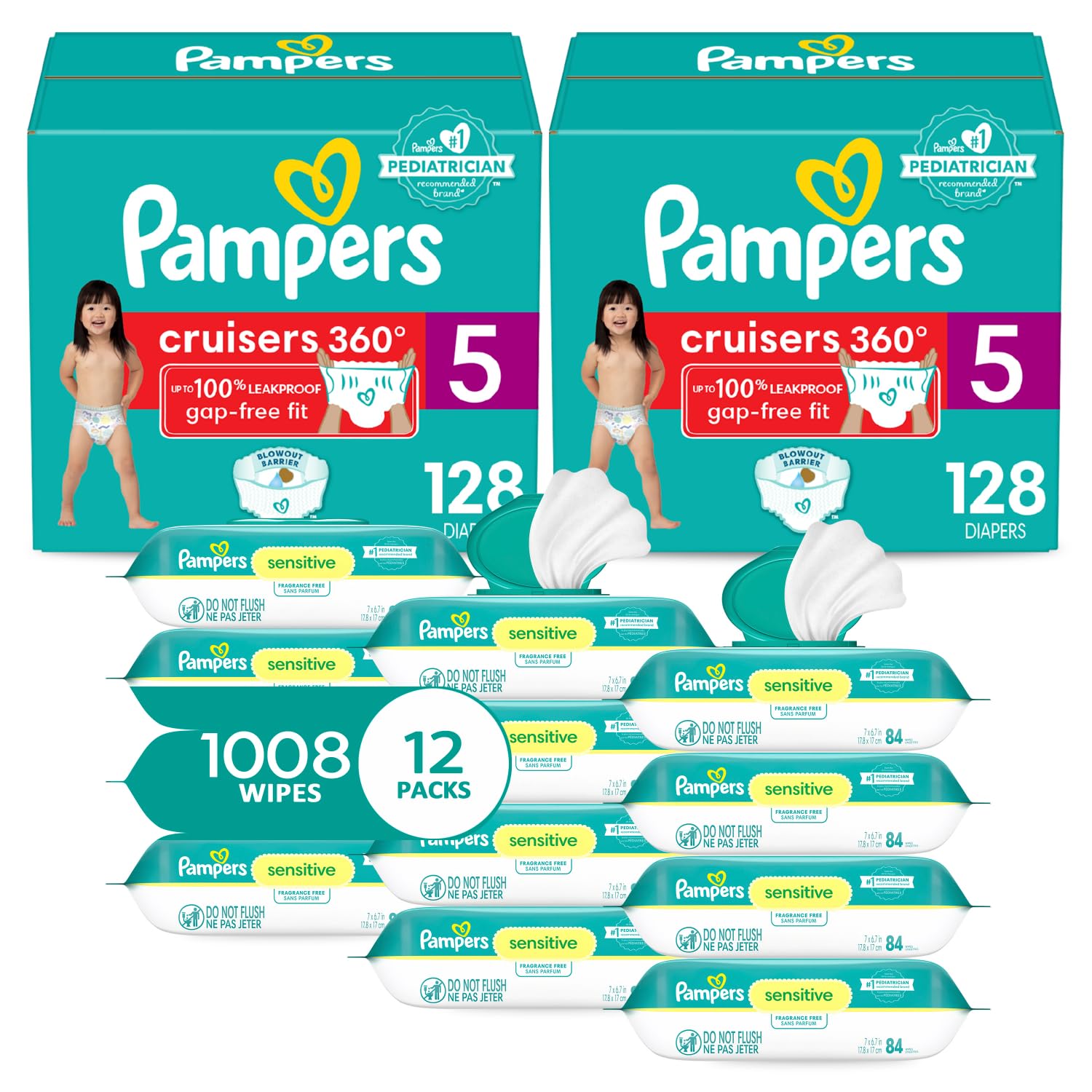 Pampers Pull On Cruisers 360° Fit Disposable Baby Diapers Size 5 (2 x 128 Count) + Sensitive Water Based Baby Wipes 12X Multi Pack (1008 Wipes) - 2 Month Supply for Active Toddlers, Daycare & Overnight Protection