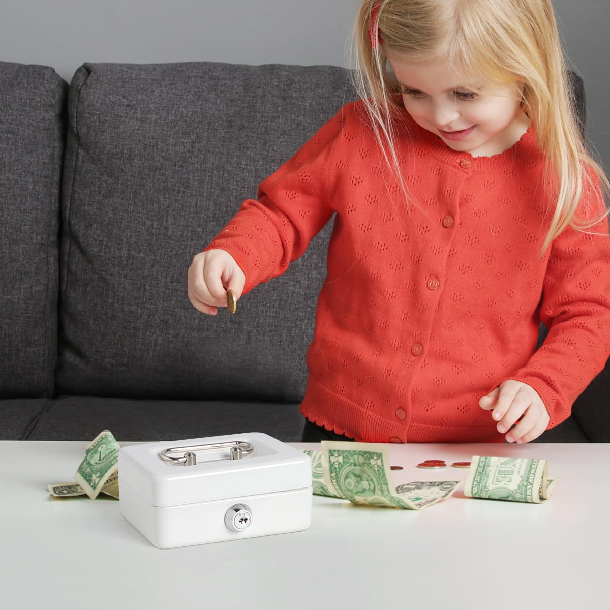 Lovndi Small Cash Box with Lock and Slot - Money Box for Cash, Piggy Bank for Kids & Adults - White - Perfect for Home, Office, and Retail Use