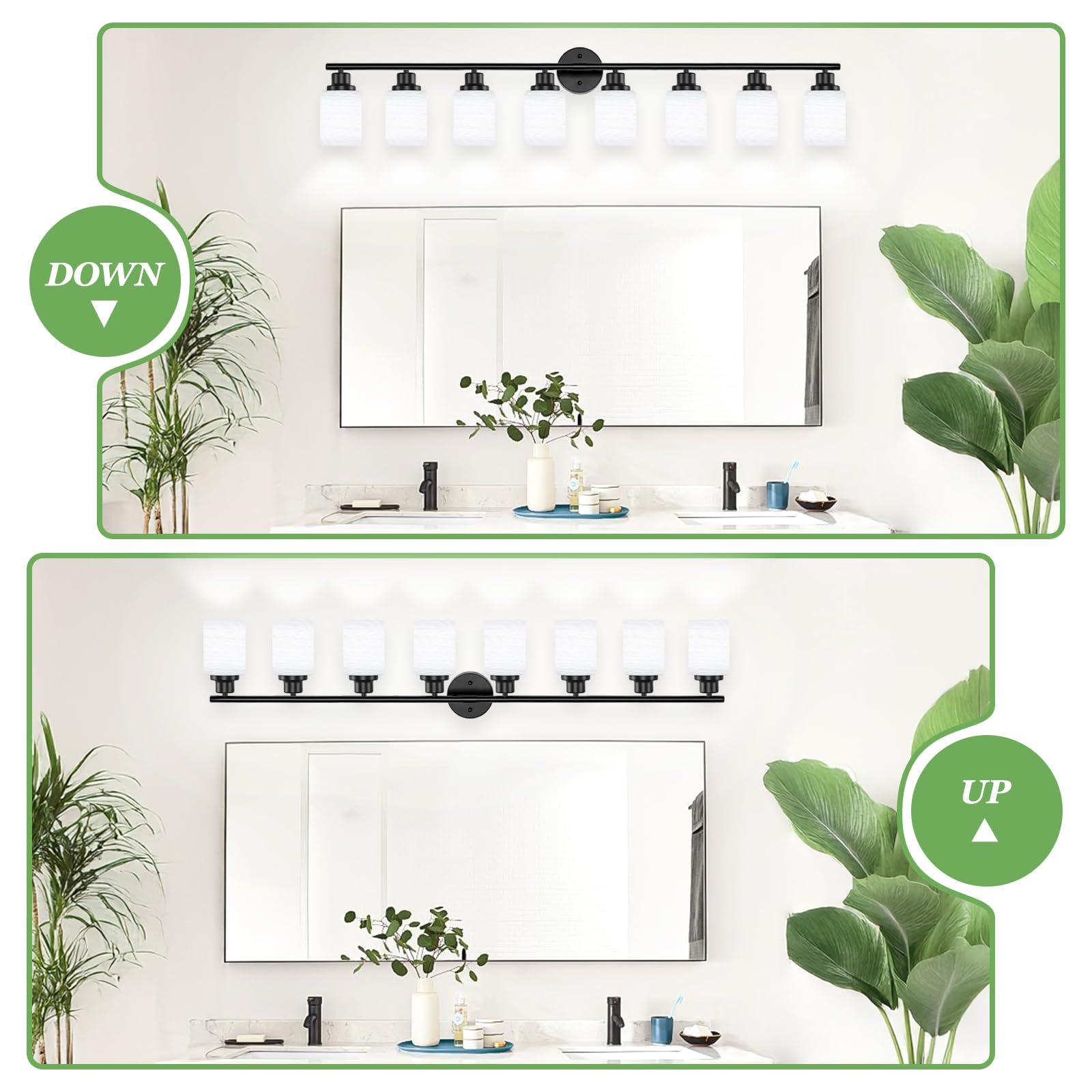 8-Light Modern Bathroom Vanity Fixture - Matte Black Wall Sconce with Milky White Frosted Glass Shades for Bathroom & Bedroom Lighting | Perfect for Vanity Mirror, Makeup Area and Dressing Room Illumination