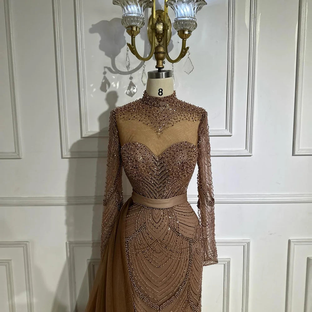 Elegant Brown Beaded Mermaid Evening Gown with Detachable Side Overskirt LA71913A - Perfect for Prom, Gala & Formal Events