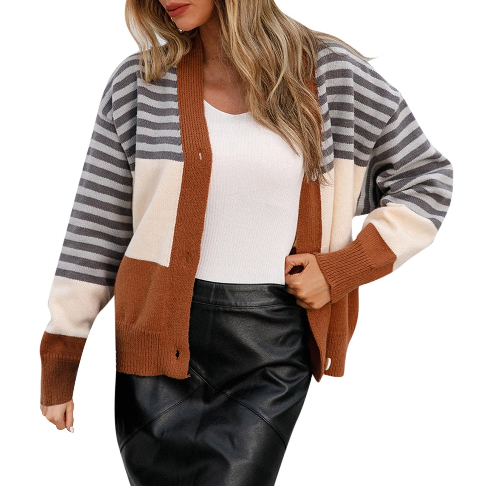 Women's Striped Button Cardigan - Short Sleeve Knit Sweater for Fall & Winter - Casual Office Wear & Layering Outfits